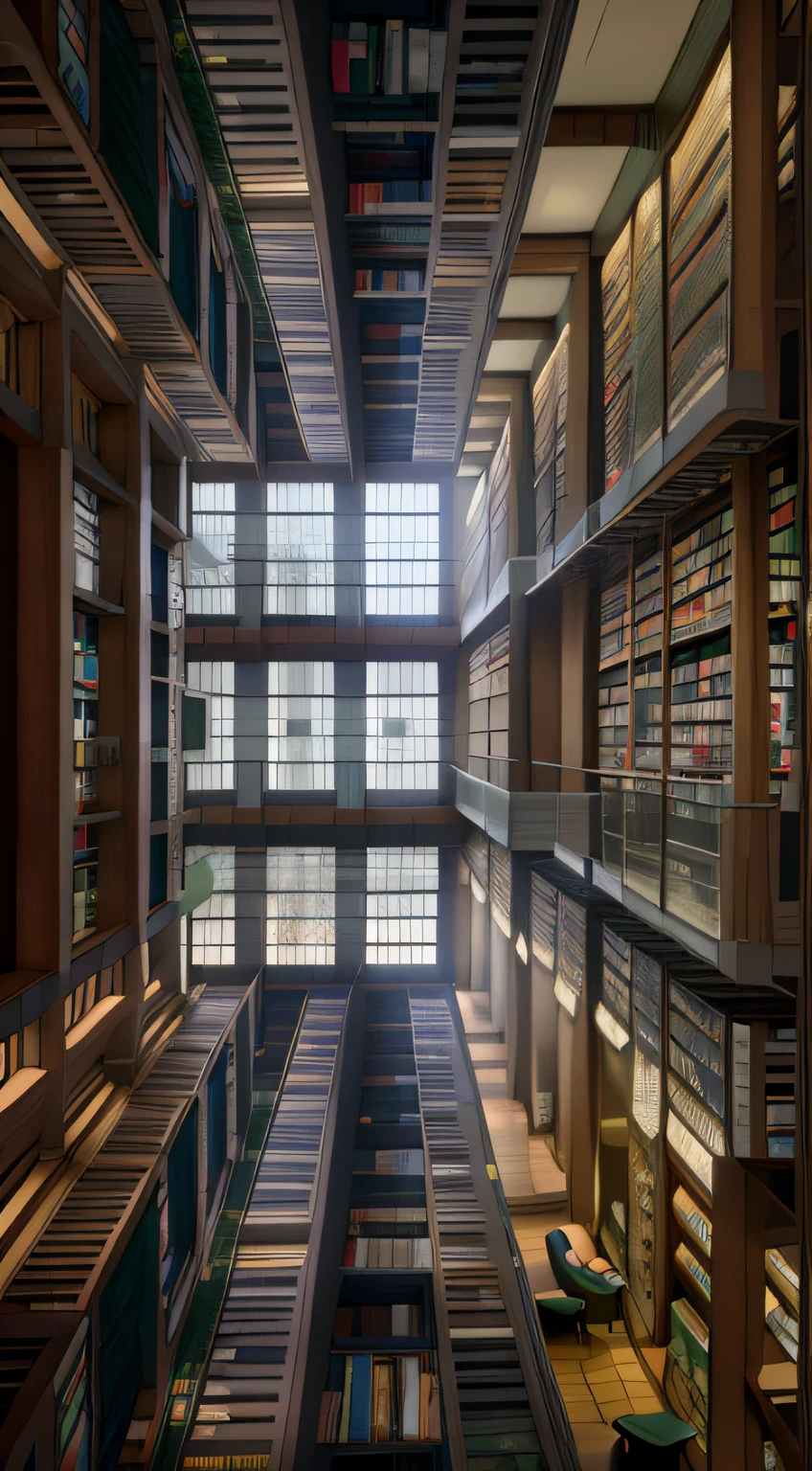 biblioteca com janelas ao fundo, prateleiras nos dois lados e mesas ao centro