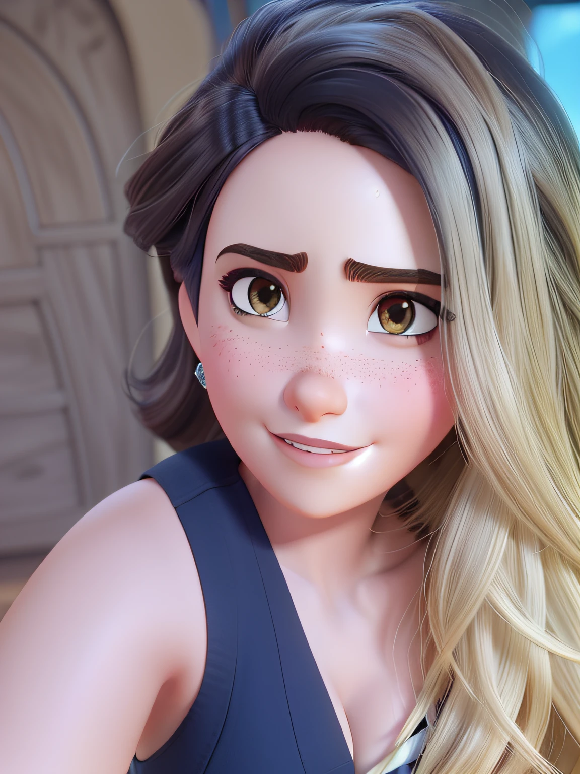 Uma linda mulher morena com cabelo comprido com mechas loiras no estilo disney pixar, com grandes olhos esverdeados, alta qualidade, melhor qualidade