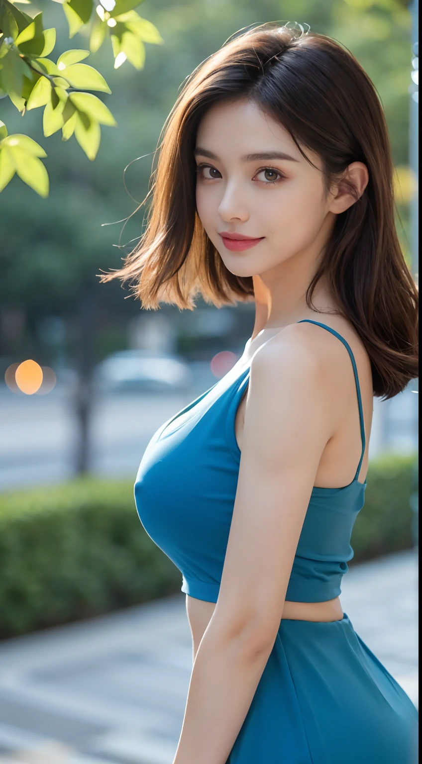 ((Best Quality, 8K, Masterpiece: 1.3)), 1girl, Slim Abs Beauty: 1.3, (Hairstyle Casual, Big Breasts: 1.2), Dress: 1.1, Super Fine Face, Fine Eyes, Double Eyelids, Smile, Home, Full Body, Dynamic Angle, Close Up, CPL Filter, Blurry Background, Bokeh, Blue Hour