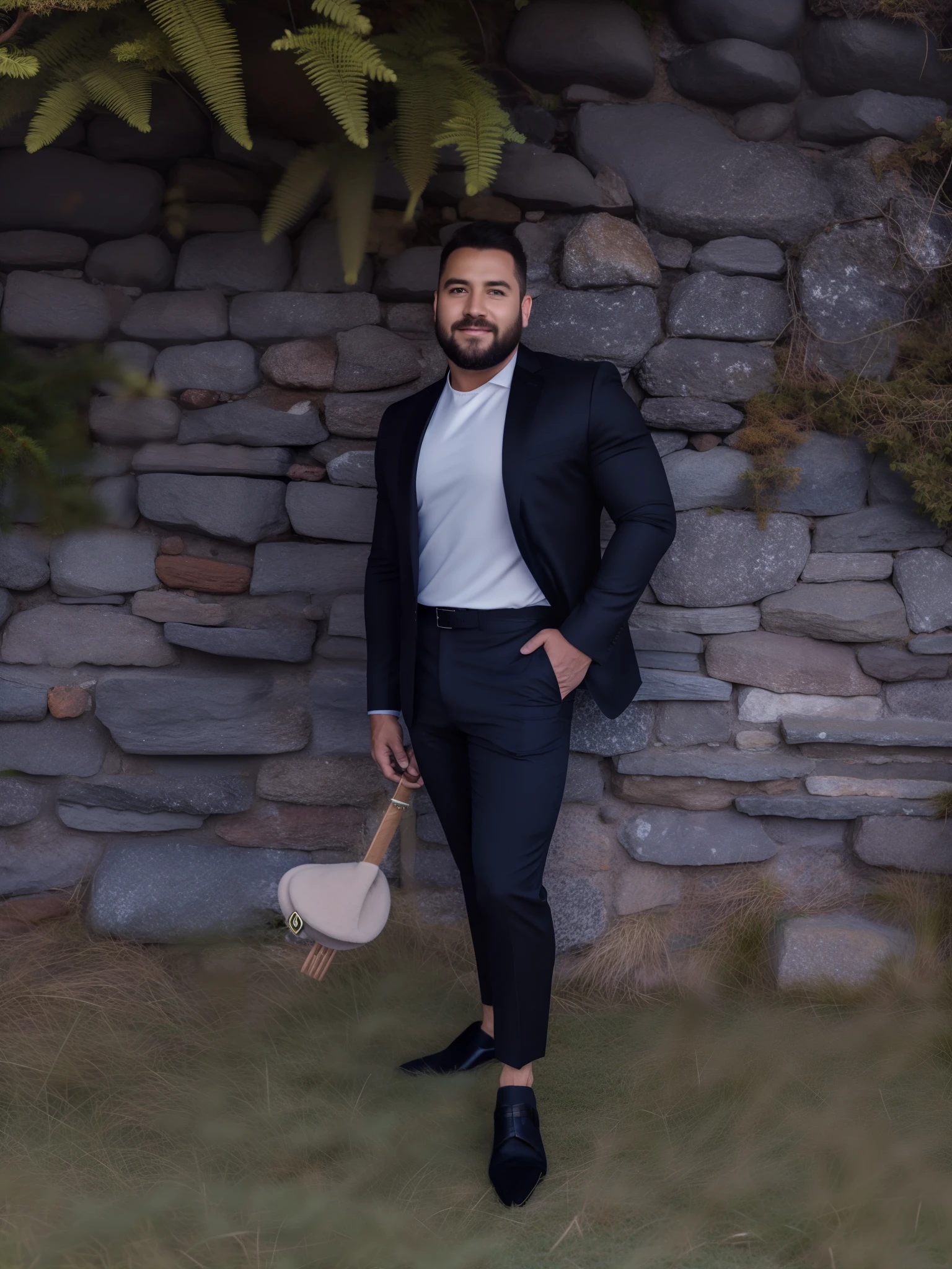 there is a man standing in front of a stone wall, full body photogenic shot, foto de retrato de corpo inteiro, fotografia de corpo inteiro, Retrato no meio da foto, imagem de corpo inteiro, retrato de corpo inteiro, Full body and head shot, tiro longo de corpo inteiro, vestindo um terno preto, standing with a black background, traje formal, Pose casual, vestindo um terno ornamentado, fazendo uma pose elegante