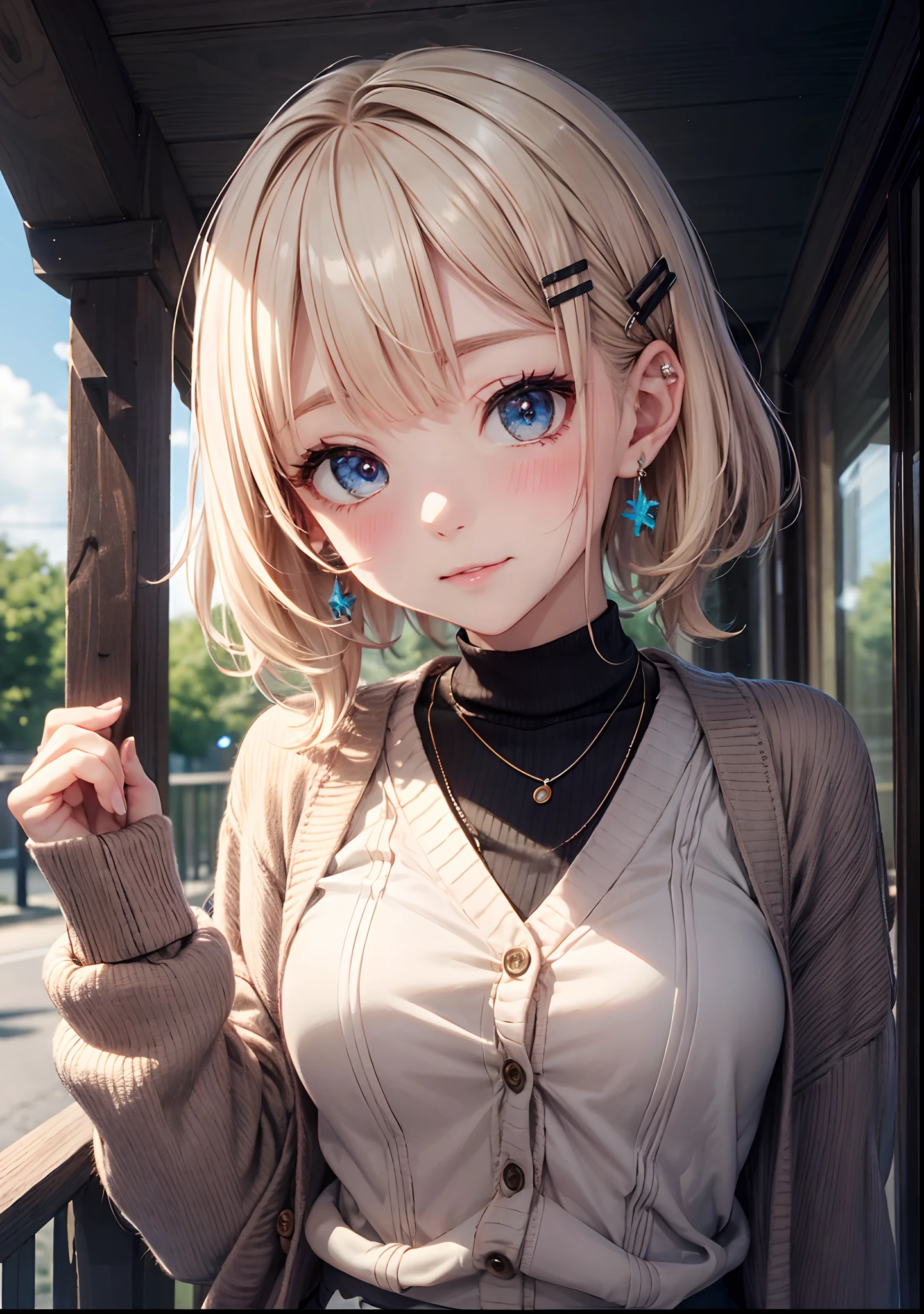 absurderes, (独奏:1.5,)ultra-detailliert,bright colour, extremely beautiful detailed anime face and eyes, view straight on, ;D, shiny_skin,25 years old, Short hair, , asymmetrical bangs, Blonde hair with short twin tails, Shiny hair, Delicate beautiful face, red blush、(Blue eyes), White skin, hair clips, earrings, a necklace, Cardigan, Clothes, Brown clothes,skirt by the、