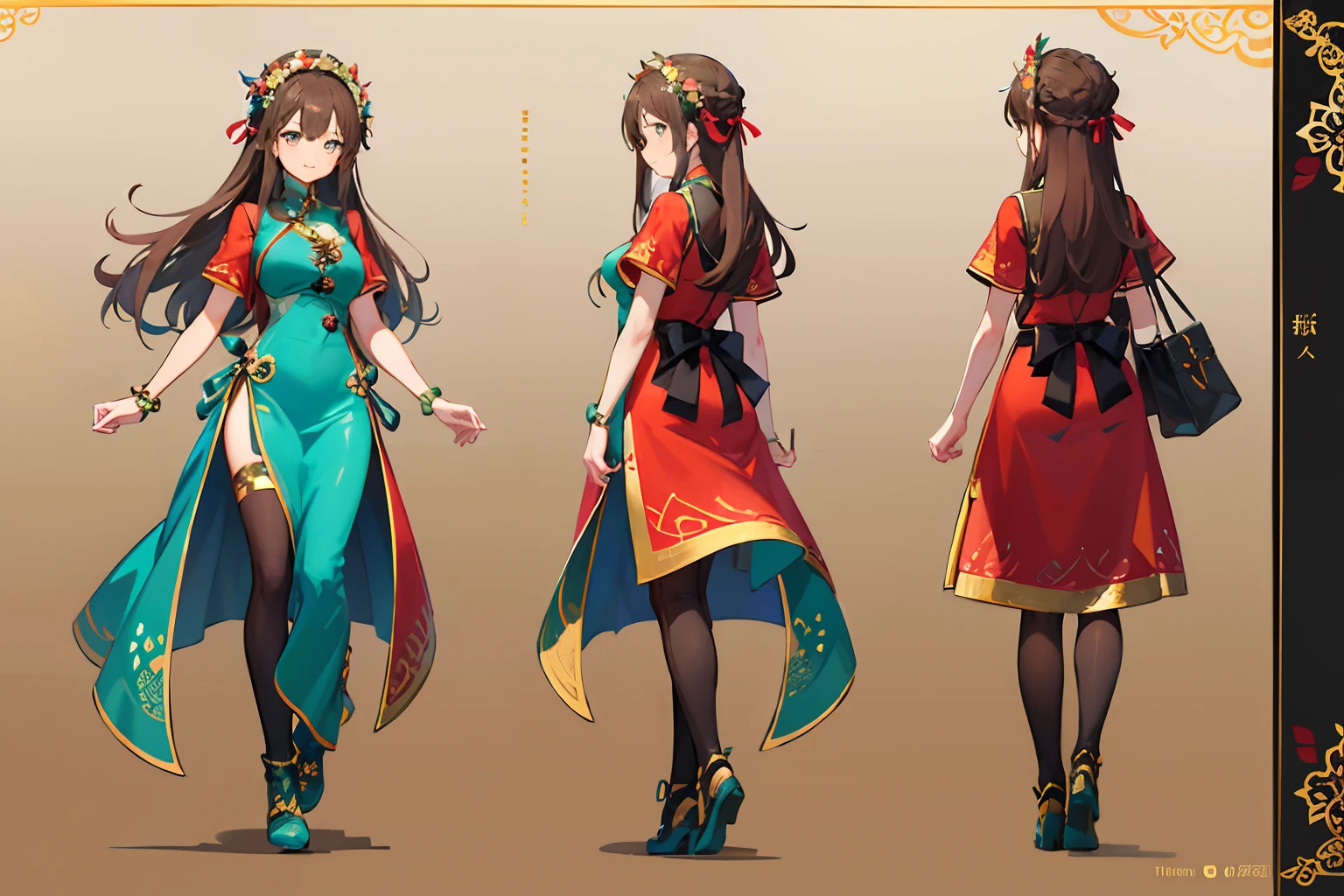 full body, a woman wearing a cheongsam, front view, side view, back view, aqua eyes, An exquisite headdress, brown hair, hair two side up, ribbon, jewelry, kanzashi, head wreath, flower on head, light smile, reference sheet, UHD, ccurate, super detail, award winning, high details, best quality