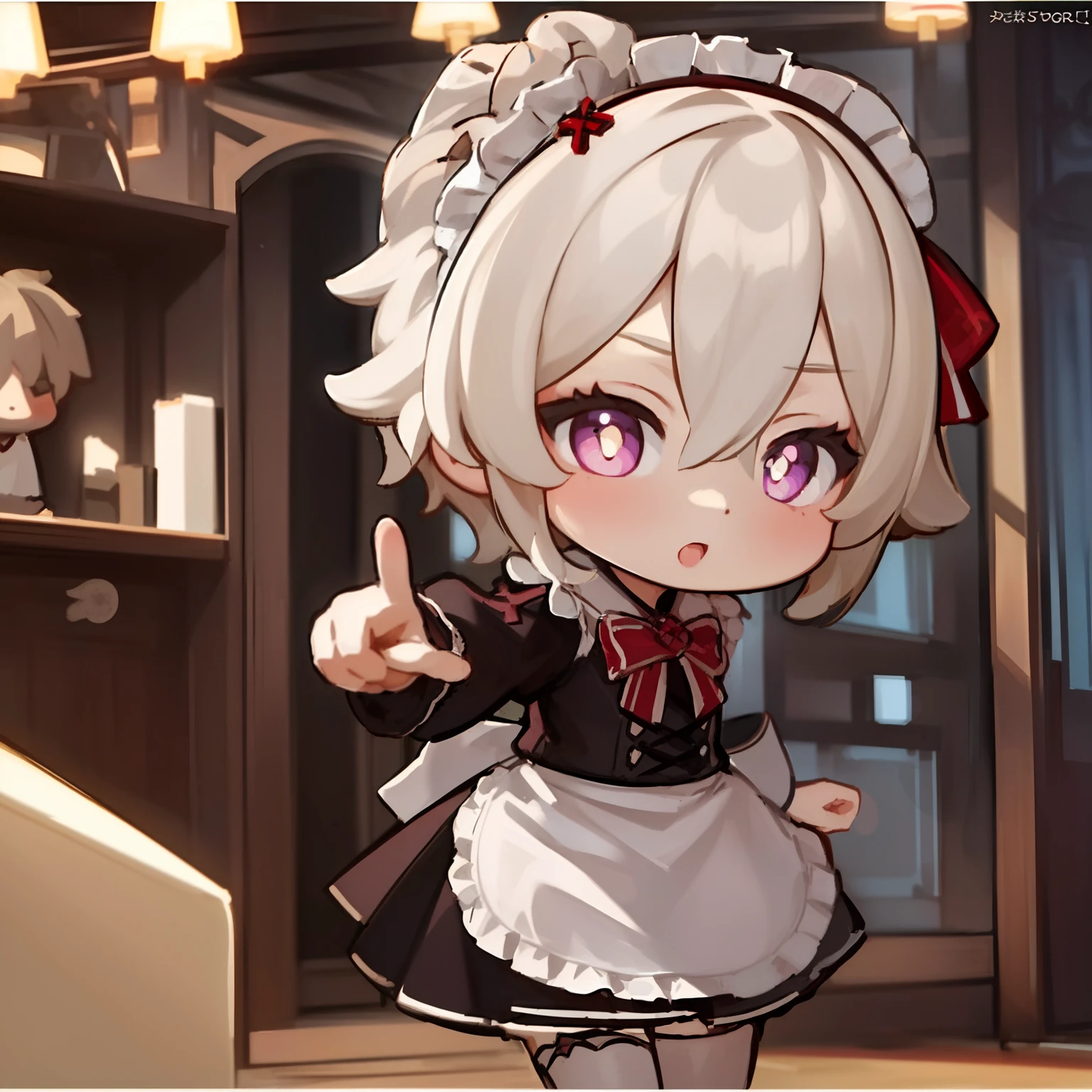 masterpiece, best quality, chibi, 1girl, solo, klee_genshin, maid uniform, cross-shaped pupils, pointing