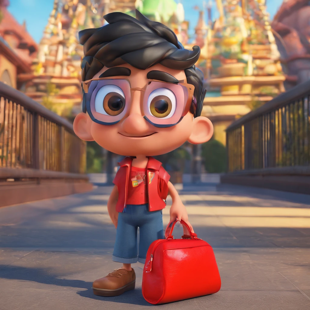 Crie um cartaz inspirado na Disney Pixar com o personagem sendo um adolescente de cabelo crespo, negro, wearing sunglasses, on a metal bridge and with the red bag on the back