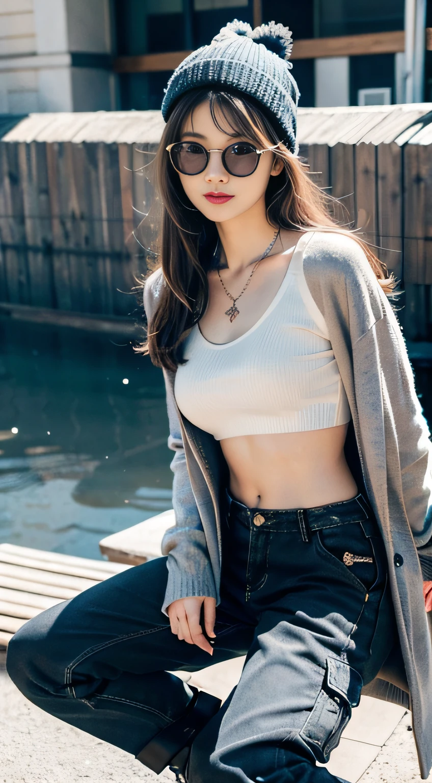 （３２K,high-detail,high detal,hight resolution,highdensity,独奏,Lori：1.3）,（Realistic people,Live action,A detailed eye,High resolution eyes,Fine eyes,Eyes that look like they are alive,beautiful dark blue eyes,Fishing eyes,Detailed lips,Crystal clear white skin,detailed realistic faces：1.3）,（Japanese ido,Korean Idols,model in Japan,Korean models,Korean K-Pop Female Idol：1.2）,（with a flushed face,natural make up,a necklace,piercings,Navel piercing：1.4）（Military Cargo Pants,Colorful tops with oversized silhouettes,Large coat,Leather boots,Knitted hats,Mode-based beautiful eye casual：1.6）,（well-shaped breasts：1.5）,（Young but very beautiful Korean１6 years old little girl,Cool eyes,little smiling,facing back,turned around,Looking at the camera,Fashion Leader,fashion modell,Soft skin,Unforgettable eyes,Her eyes are too beautiful,I want to go to Paris Collection......,Cutting-edge fashion：1.6）,（showing your whole body,Show full-body fashion,Stylish blue glasses：1.7）