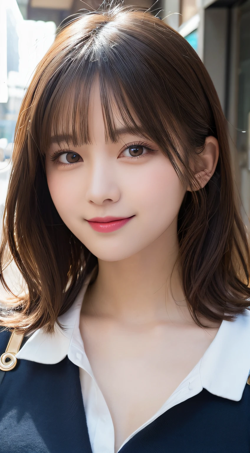 ((Highest quality、In 8K、masterpiece:1.3))、Look to the side、Sharp focus:1.2、Beautiful woman with perfect style:1.4、Slim Abs:1.2、((Dark brown hair、Huge boobs:1.2))、small breasts, Highly detailed face and skin texture、Detailed eyes、double eyelid、A bright smile、Look to the side、Mai Shiraishi、Nishino Nanase、hikaru takahashi