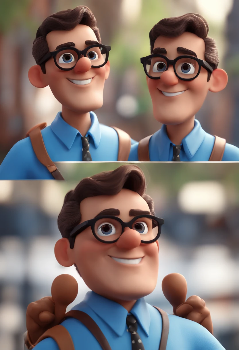 Cartoon character of a man with black glasses and a blue shirt, animation character, Caractere estilizado, animation style rendering, 3D estilizado, Arnold Maya render, 3 d render stylized, toon render keyshot, Personagem 3D, Personagem 3D, 3d rendering stylized, 3 d character render, personagem de desenho animado, Personagem de close up, Pose de personagem, (Estilo Pixar) (master part:1.2) (Bokeh) (best quality) (pele detalhada) (textura detalhada) (8k) (argila) (Cinematic lighting) (foco nítido