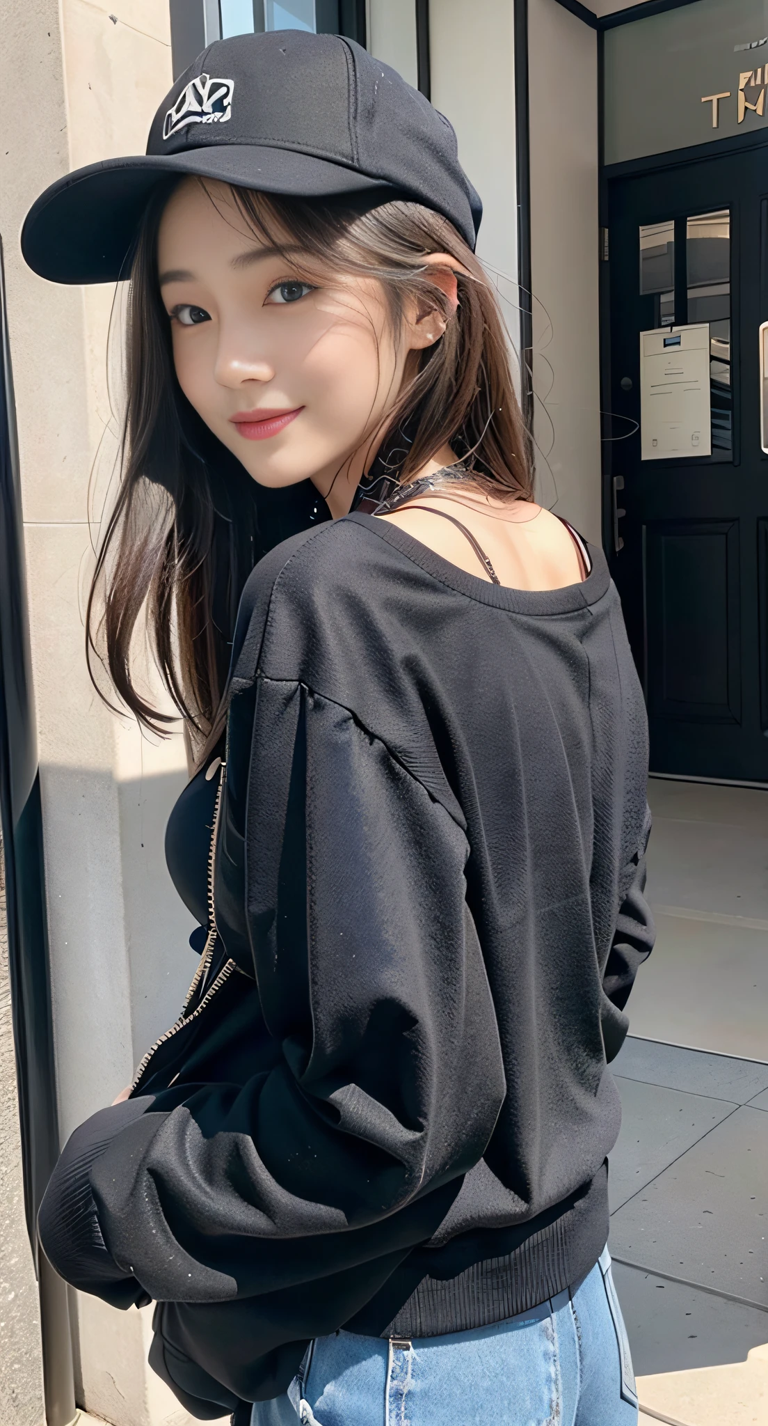 (32K,high-detail,high detal,hight resolution,highdensity,独奏:1.3),(Realistic people,Live action,A detailed eye,High resolution eyes,Fine eyes,Eyes that look like they are alive,beautiful dark blue eyes,Fishing eyes,Detailed lips,Crystal clear white skin,detailed realistic faces:1.3),(Japanese ido,Korean Idols,model in Japan,Korean models,Korean K-Pop Female Idols:1.2),(with a flushed face,natural make up,a necklace,piercings,Navel piercing:1.4)(Cargo pants,Colorful tops with oversized silhouettes,Coat with a large silhouette,Leather boots,Hats,Mode-based beautiful eye casual:1.6),(well-shaped breasts:1.5),(Sexy and very beautiful koreans16 years old little girl,Cool eyes,little smiling,facing back,turned around,Looking at the camera,Fashion Leader,fashion modell,Soft skin,Unforgettable eyes,Her eyes are too beautiful,I want to go to Paris Collection.....,Cutting-edge fashion:1.6),(showing your whole body,Show full-body fashion,Fashion that stands out:1.7)