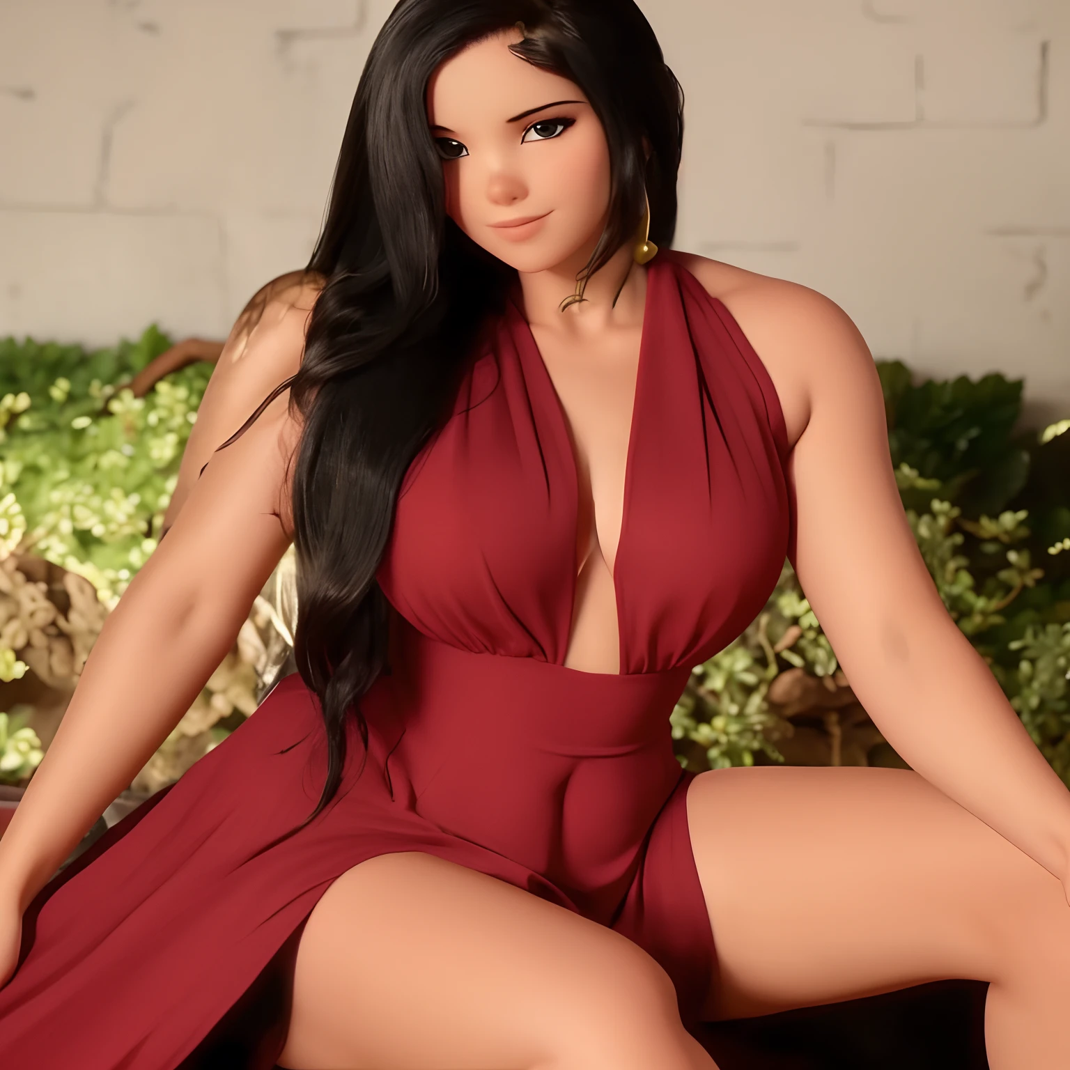 Mulher com vestido vermelho sexy, middlebreasts, olhos arredondados, corpo perfeito