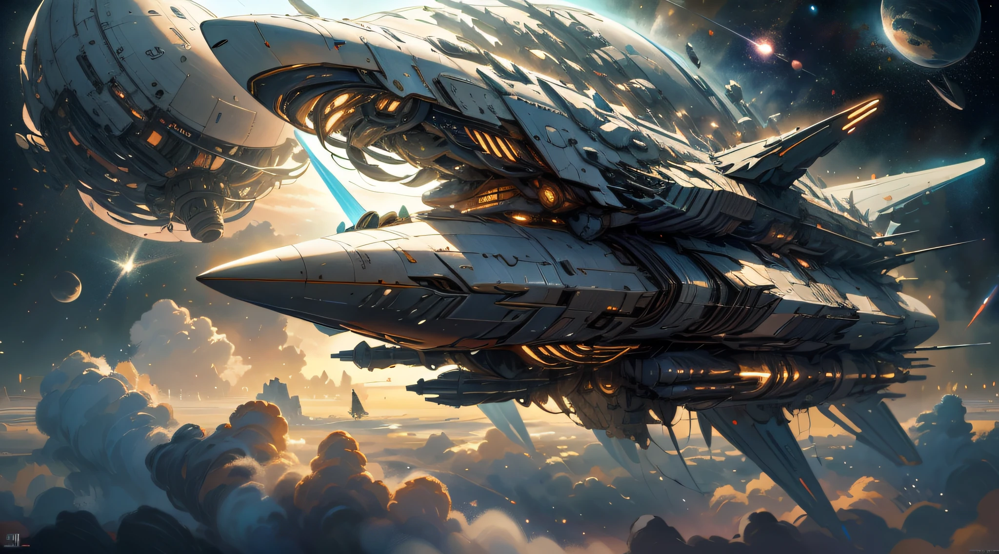 A futuristic hypersonic giant spaceship flying in the deep space, warship that ressembles to a concorde of a very far futur, a field of stars and planets, fantasy deep space background, wallpaper, printable