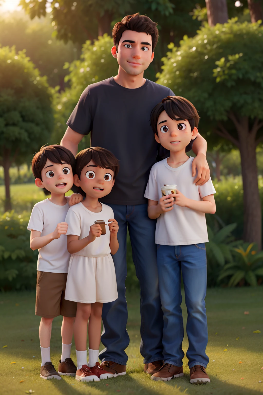 Family containing a white man with black hair and stubble, a 3-year-old boy with light brown hair and brown eyes, a woman with black hair and brown eyes, and a teenage boy with blue eyes and dark brown hair, in a place with trees is Sun