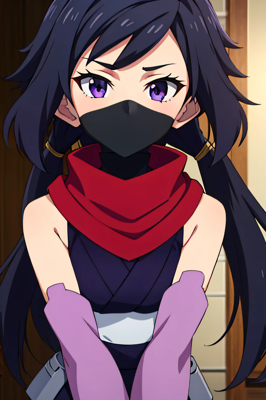 ayame \(gundam build divers\), very long hair, split ponytail, ninja, detached sleeves, red scarf, black thighhighs, ninja mask, kimono, purple sleeves, 1girl, solo, upper body, facing viewer, looking at viewer.