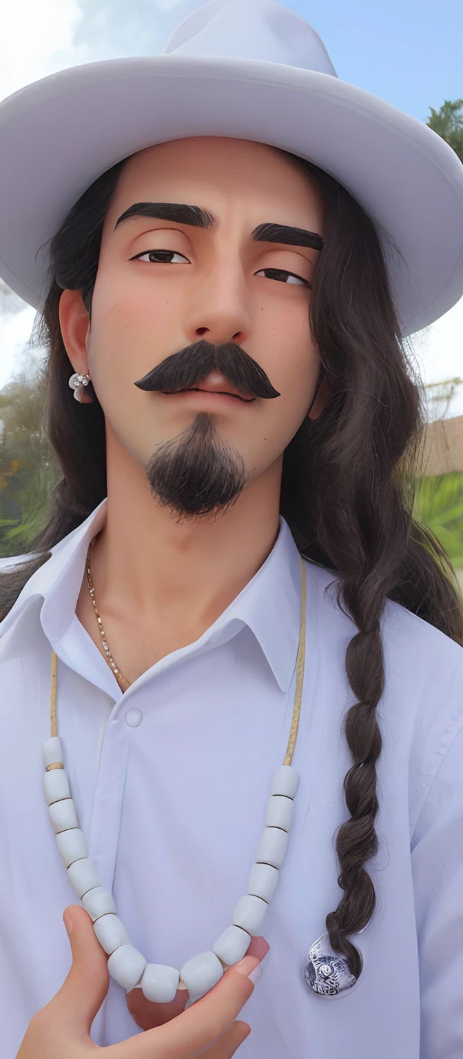 Long haired man wearing a white hat and a necklace, Bigode mexicano, long, swivel mustache, bigode natural, bigode grosso, com seus longos cabelos pretos, cavanhaque, braided beard, com bigode, com cabelos longos, imagem de qualidade muito baixa, barba longa do cavanhaque, bigode fino, mustache, neckbeard
