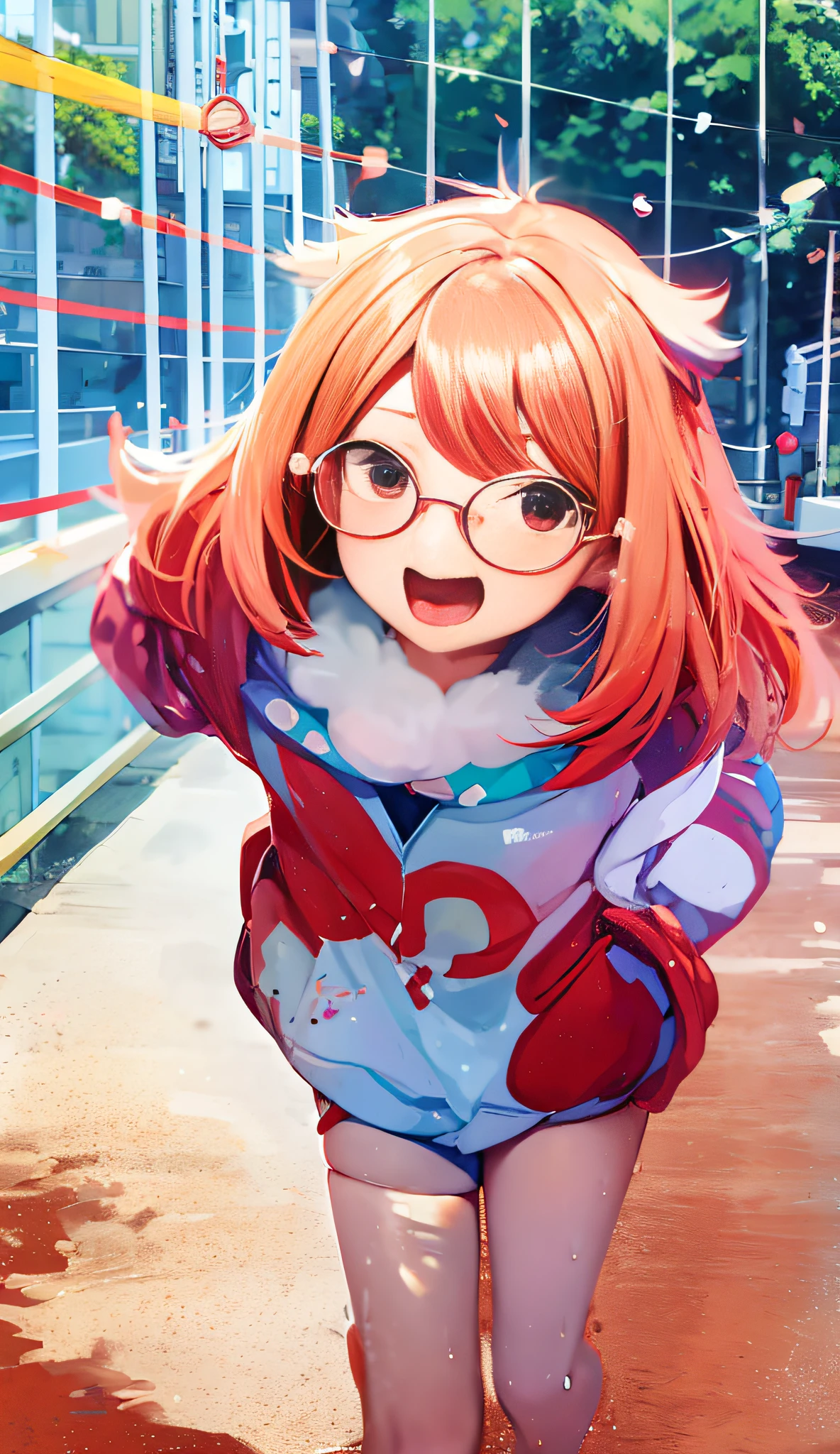 anime girl with red hair and glasses walking on a bridge, sayori, anime visual of a cute girl, anime moe artstyle, rin, splash art anime loli, cute anime girl, smooth anime cg art, advanced digital anime art ”, digital anime illustration, marin kitagawa fanart, (anime girl), digital anime art, junko enoshima