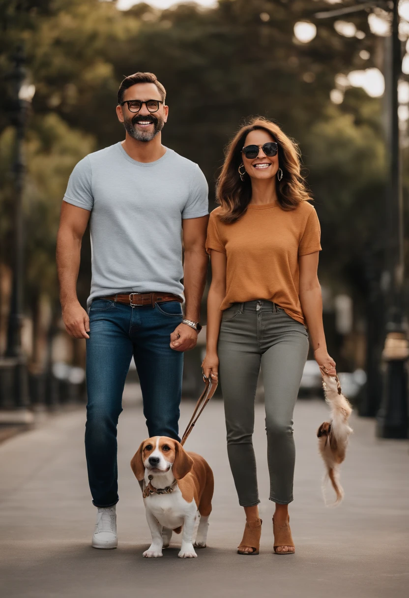 Pixar. Casal com um filhote de cachorro beagle marrom. A tem os cabelos loiros amarrados, Camiseta cinza e jeans claro, white glasses. O meninobelos pretos com cabelos grisalhos, barba pequena, oculos, Dark blue jeans and gray t-shirt. They are both smiling and are 40 years old