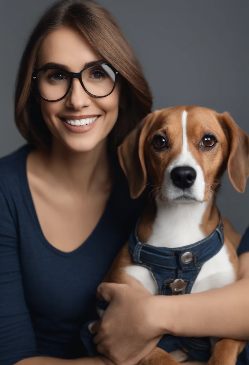 Pixar. Casal com um filhote de cachorro beagle marrom. A menina tem os cabelos loiros amarrados, Camiseta cinza e jeans claro, white glasses. O menino de cabelos pretos com cabelos grisalhos, barba pequena, oculos, Dark blue jeans and gray t-shirt. They are both smiling and are 40 years old