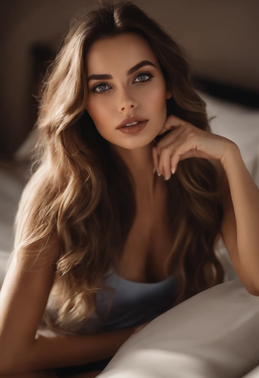 Femme Arafed complètement , ana de armas, fille sexy aux yeux bruns, ultra réaliste, Méticuleusement détaillé, Portrait Sophie Mudd, cheveux bruns et grands yeux, Selfie d’une jeune femme, Yeux de chambre, Violet Myers, sans maquillage, maquillage naturel, Regarder directement la caméra, Visage avec Artgram, Maquillage subtil, Superbe photo du corps entier agenouillée sur le lit, dans le salon, Buste de taille moyenne à grande