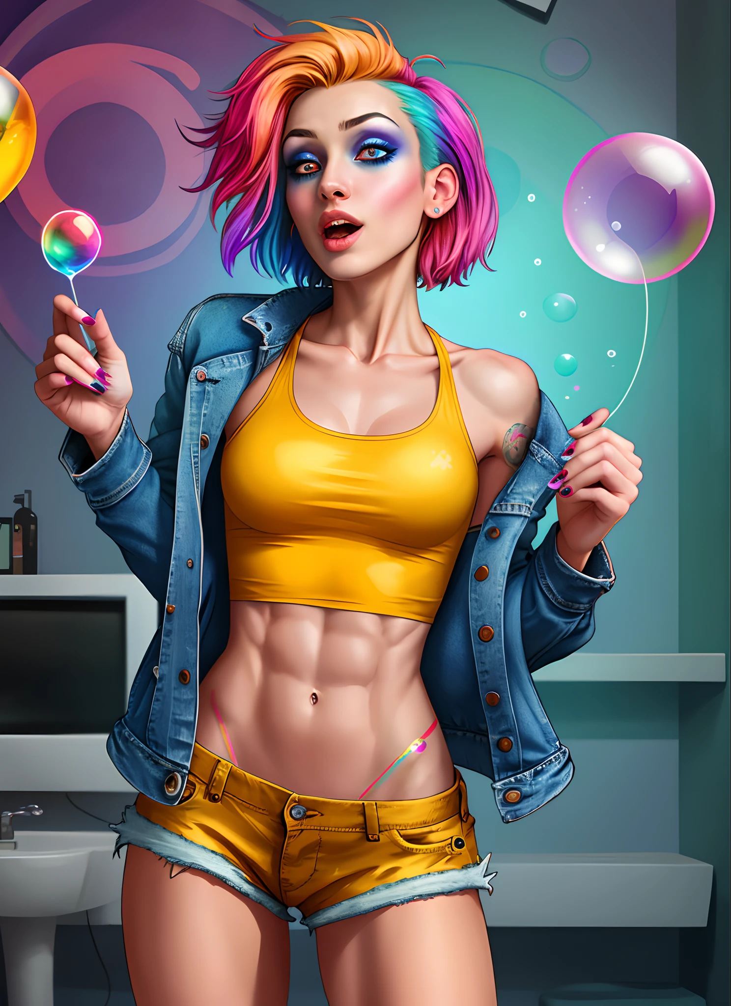 drunken beautiful woman 1girl as delirium from sandman, (hallucinating colorful soap bubbles),
abs, fit, thin, wearing a black crop top jean jacket and jean shorts, punk rock, tank girl, high detailed, 8k