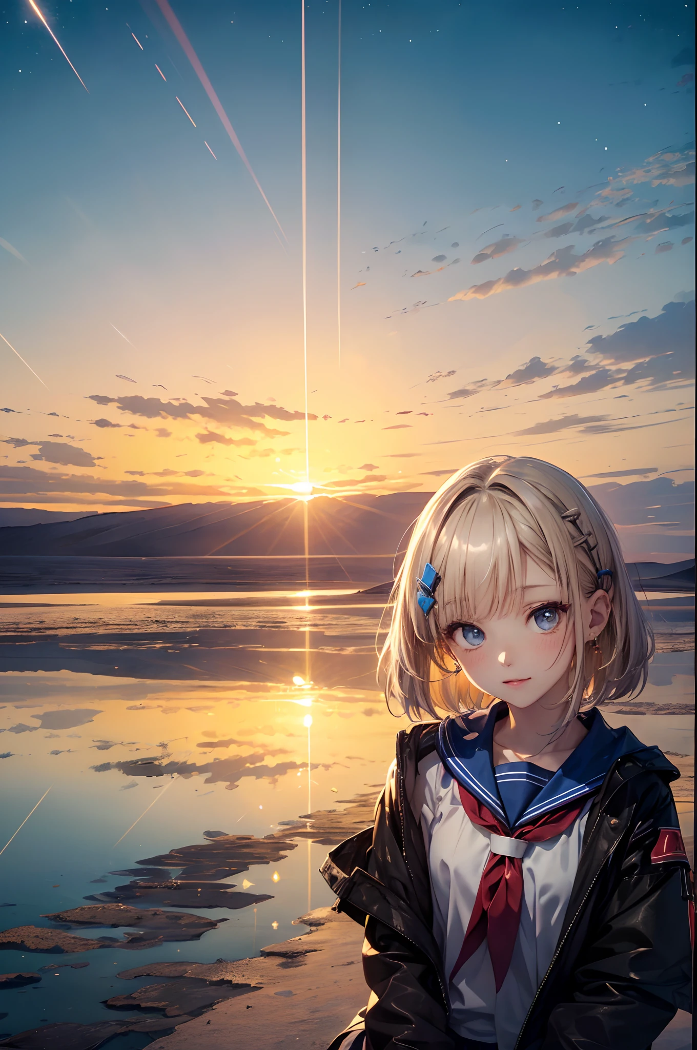 absurderes, (独奏:1.5,)ultra-detailliert,bright colour, extremely beautiful detailed anime face and eyes, view straight on, ;D, shiny_skin,25 years old, Short hair, , asymmetrical bangs, Blonde hair with short twin tails, Shiny hair, Delicate beautiful face, red blush、(Blue eyes), White skin, hair clips, earrings, a sailor suit,Plaidskirt、(Salar de Uyuni:1.3)、starrysky