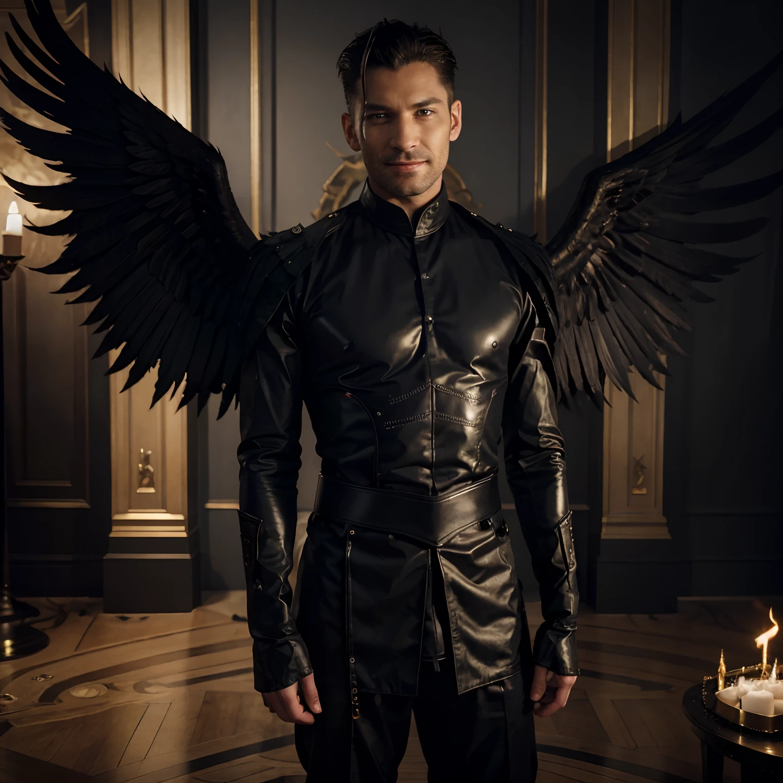(8k, Best quality, Masterpiece:), Lucifer Morningstar, un militaire masculin britannique aux cheveux noirs, playful smile, Inflamed wings, diable, Fallen Angel, Flames in the background, specifics, costume sombre, Realistic details,uk general