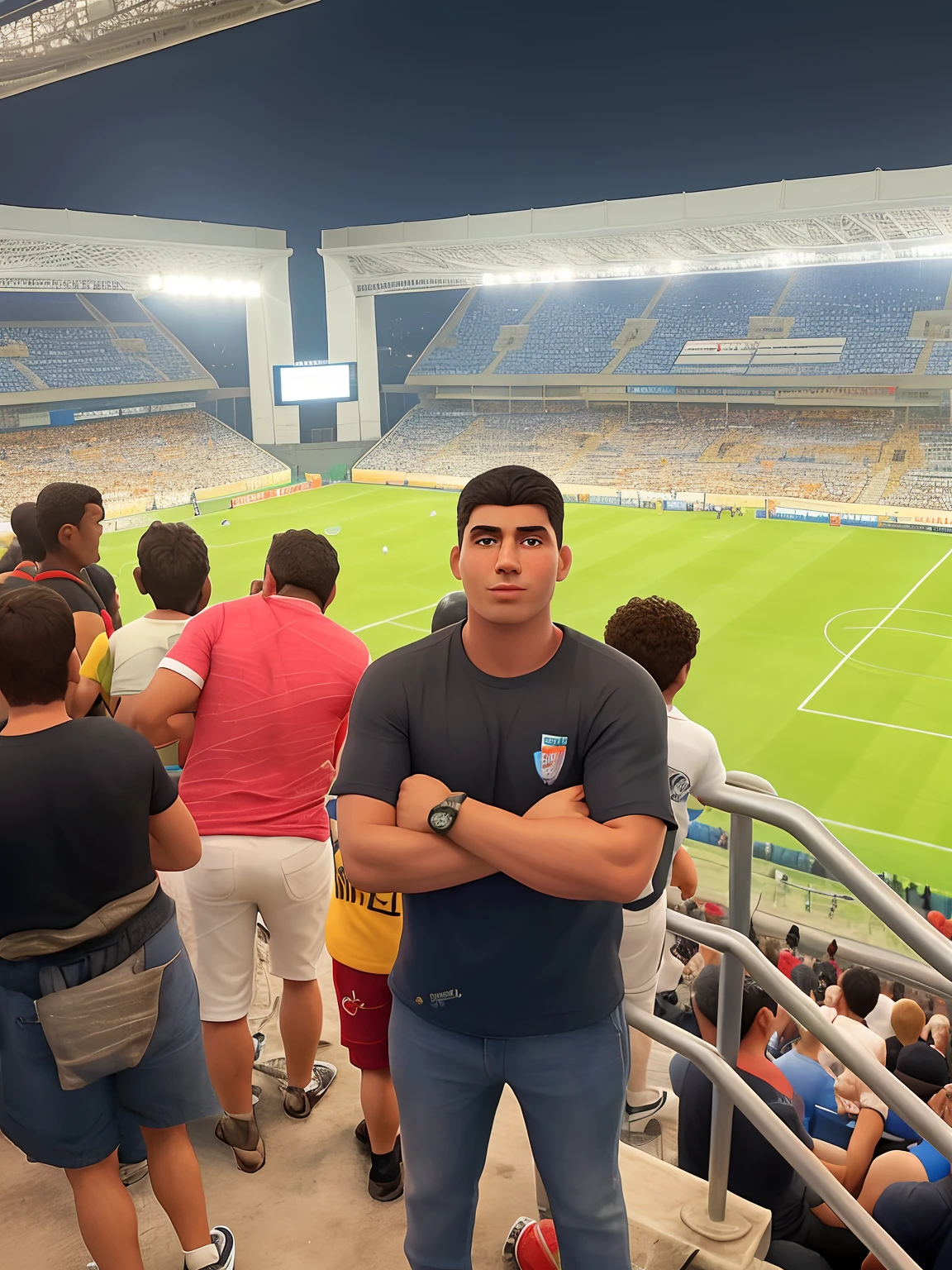 arafed man standing in front of a crowd of people at a soccer game, standing in a stadium, caio santos, in sao paulo, at the world cup, ronaldo luis nazario da lima, no stipe, edon guraziu, by Felipe Seade, dan dos santos, daniel mirante, inspired by Oswaldo Viteri, edu souza