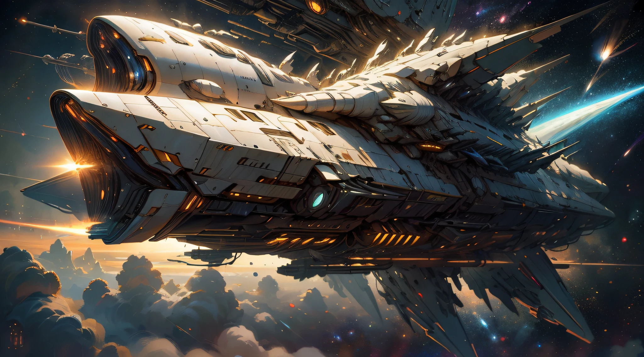A futuristic hypersonic giant spaceship flying in the deep space, warship that ressembles to a concorde of a very far futur, a field of stars and planets, fantasy deep space background, wallpaper, printable