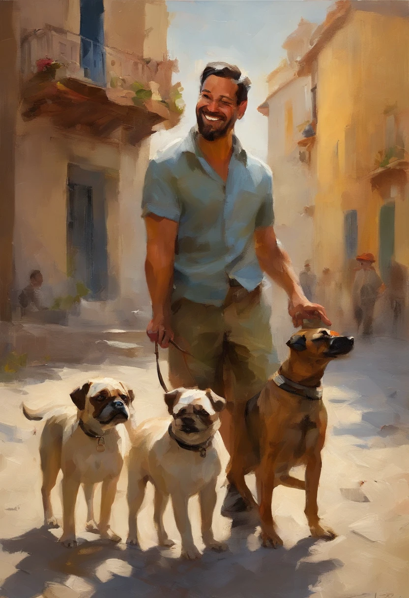 Smiling man holding a dog in his arms in front of a building, with his hyperactive little dog, segurando um pug para uma foto, daniel mirante, Aykut Aydogdu, by Amelia Peláez, um alambique de um feliz, John Picacio e Brom, Boris Vallego, friendly guy and small creature, imagem do avatar, with dogs