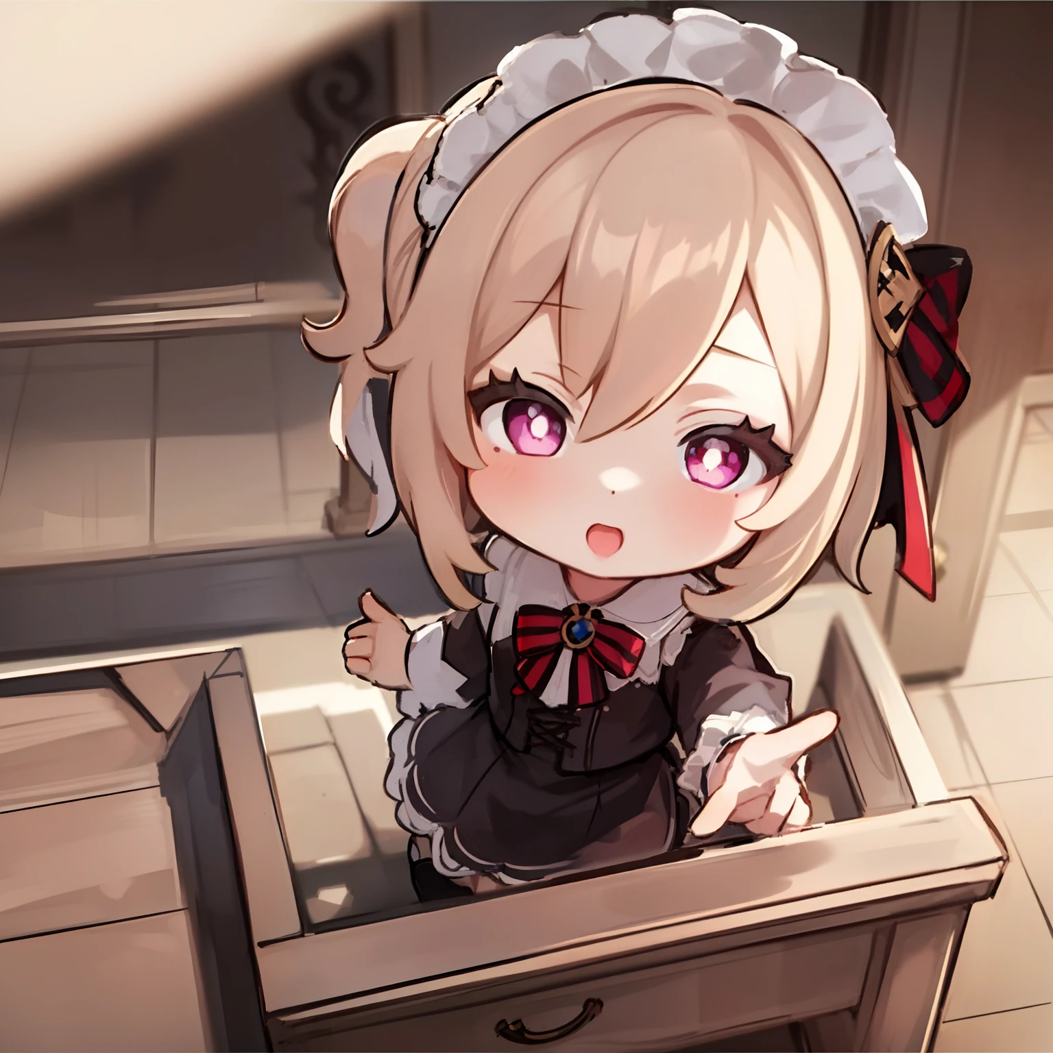 masterpiece, best quality, chibi, 1girl, solo, klee_genshin, maid uniform, cross-shaped pupils, pointing