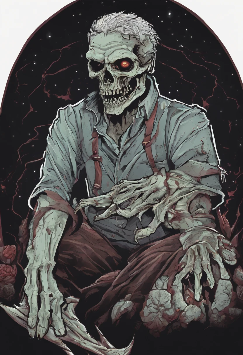 /imagine prompt: zombie illustration for a sticker with a black background, in bold outline style, jagged edges, trashcore, light shading --v 5.2