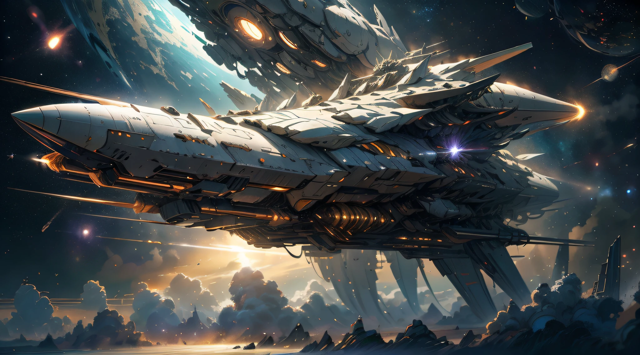 A futuristic hypersonic giant spaceship flying in the deep space, warship that ressembles to a concorde of a very far futur, a field of stars and planets, fantasy deep space background, wallpaper, printable
