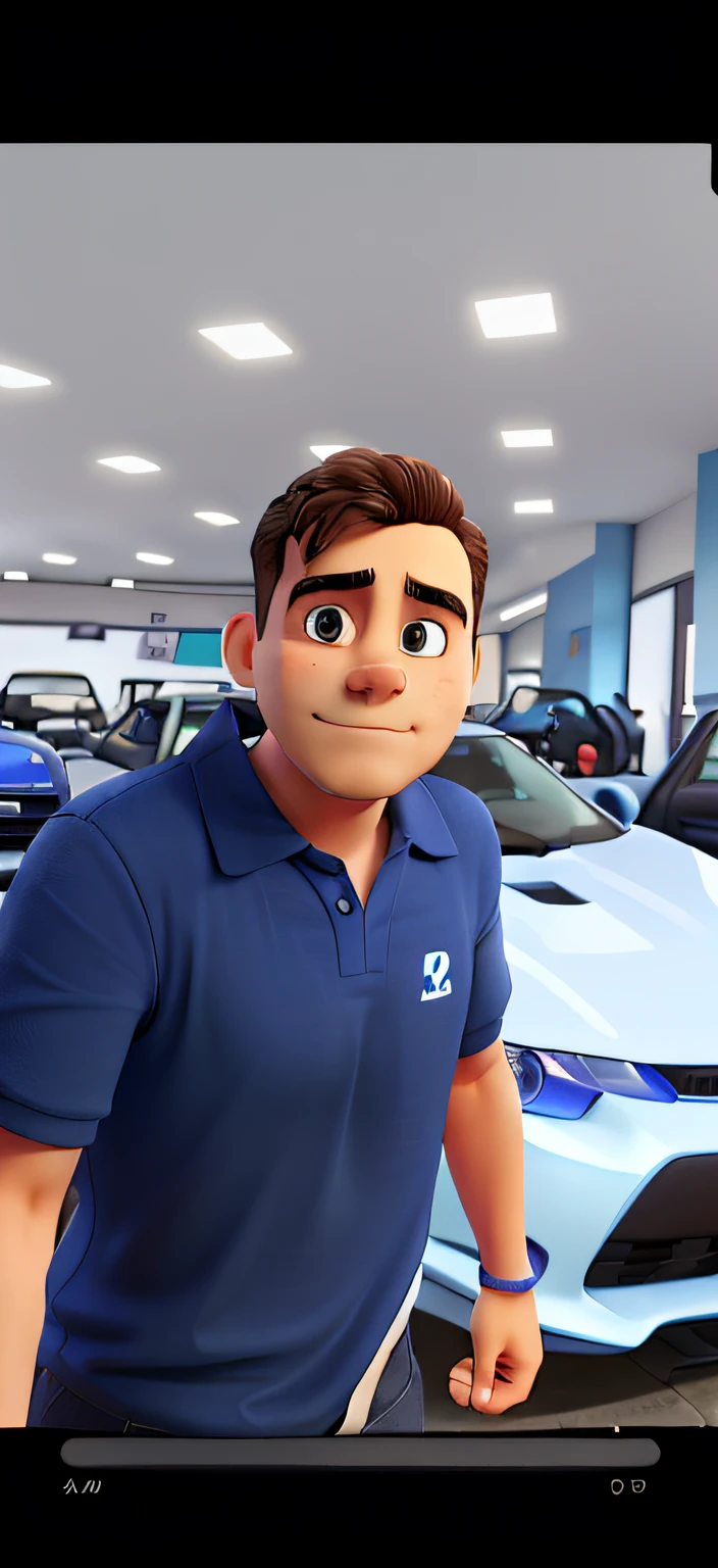 A man looking at camera with a blue t-shirt written Blue Vehicles, On a background with multiple cars