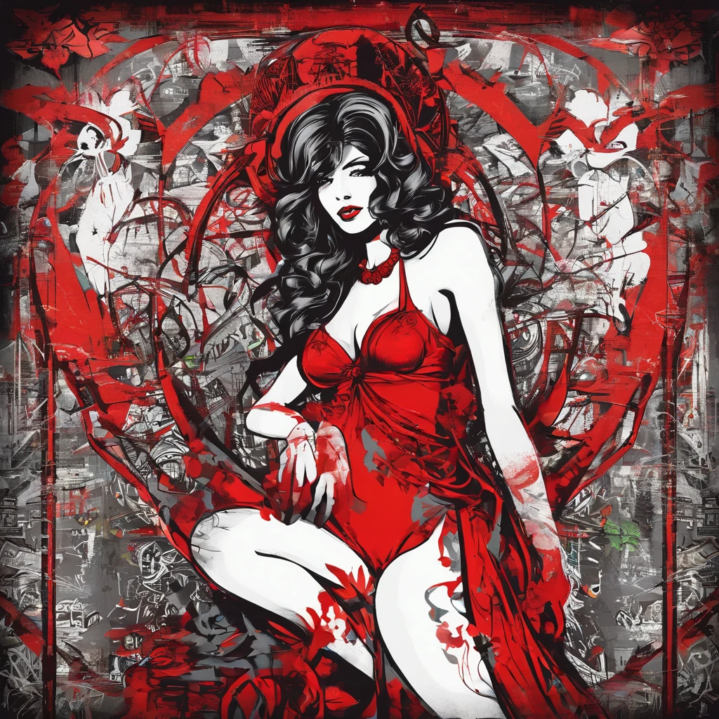 A beautiful woman wearing red lingerie with the devil at her side sensualizing