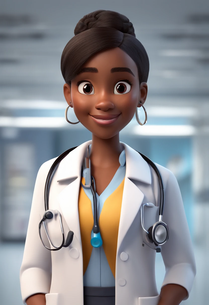 Estilo Pixar: Black girl with beautiful straight hair in white lab coat holding stethoscope, em uma hospital infantil, 3D Poster,Disney