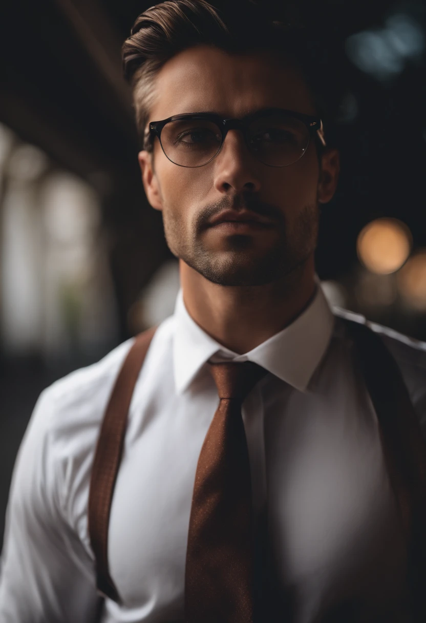 Um homem de 30 anos, com cabelos castanhos curtos,face de diamante, olhar rigoroso, e olhos castanhos, Wearing white white shirt with tie and glasses.