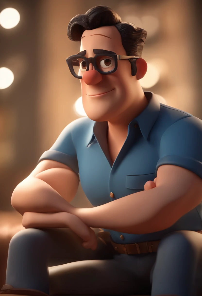 Cartoon character of a man wearing black glasses and a blue shirt, um personagem animado, Caractere estilizado, animation style rendering, 3D estilizado, Arnold Maya render, 3 d render stylized, toon render keyshot, Personagem 3D, Personagem 3D, 3d rendering stylized, 3 d character render, personagem de desenho animado, Personagem de close up, Pose de personagem, (Estilo Pixar) (master part:1.2) (Bokeh) (best quality) (pele detalhada) (textura detalhada) (8k) (argila) (Cinematic lighting) (foco nítido,Senta e vaza a parte superior do corpo