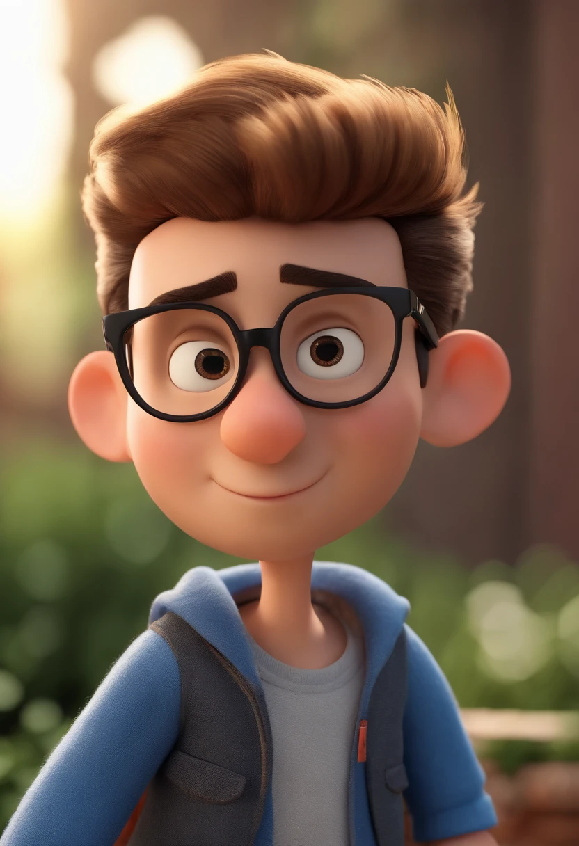 Cartoon character of a man wearing black glasses and a blue shirt, um personagem animado, Caractere estilizado, animation style rendering, 3D estilizado, Arnold Maya render, 3 d render stylized, toon render keyshot, Personagem 3D, Personagem 3D, 3d rendering stylized, 3 d character render, personagem de desenho animado, Personagem de close up, Pose de personagem, (Estilo Pixar) (master part:1.2) (Bokeh) (best quality) (pele detalhada) (textura detalhada) (8k) (argila) (Cinematic lighting) (foco nítido,Senta e vaza a parte superior do corpo