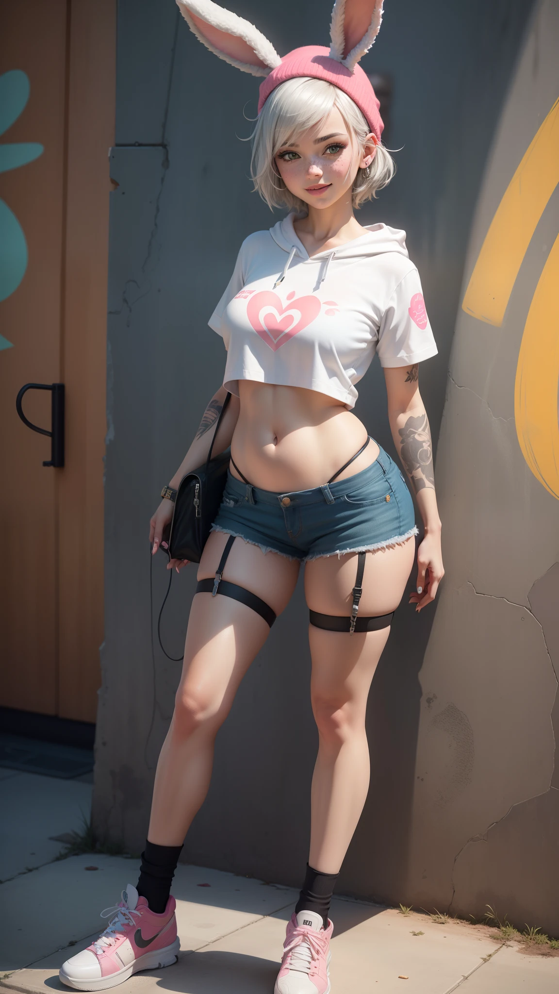 gwen tennyson,tracer,yorha 2b,y'shtola rhul,overwatch,nier automata,mecha pilot,skatepark,tattoos,orange and pink plugsuit,white short sleeve top,denim micro shorts,garter belt, uncovered belly,short hair,cute makeup,green eyes,dimensional silver hair,sexy smile,freckles,beautiful girl,large breasts,8k,ultra detailed, realistic,fantasy art,skater uniform,ear piercings,cyberpunk suit,saiyan girl, saiyan female,white short sleeve sport hoodie,bunny ear beanie,skate ramps, graffiti wall art,multicolored hair,scooter bike,small purse,