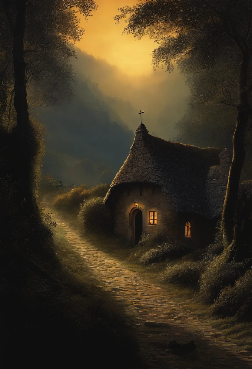 realistic dark oil painting of a medieval village at sunrise, musgoso, nevoeiro, nevoento, Sombras, nevoeiroerious, mitífica, Escuro, Rays of light shine through the forest, Ambiente, profundidade de campo, Volumetric lighting, Cinematic lighting, Moody, heavy darkness, black sky, low angle perspective, Directed by: Eyvind Earle