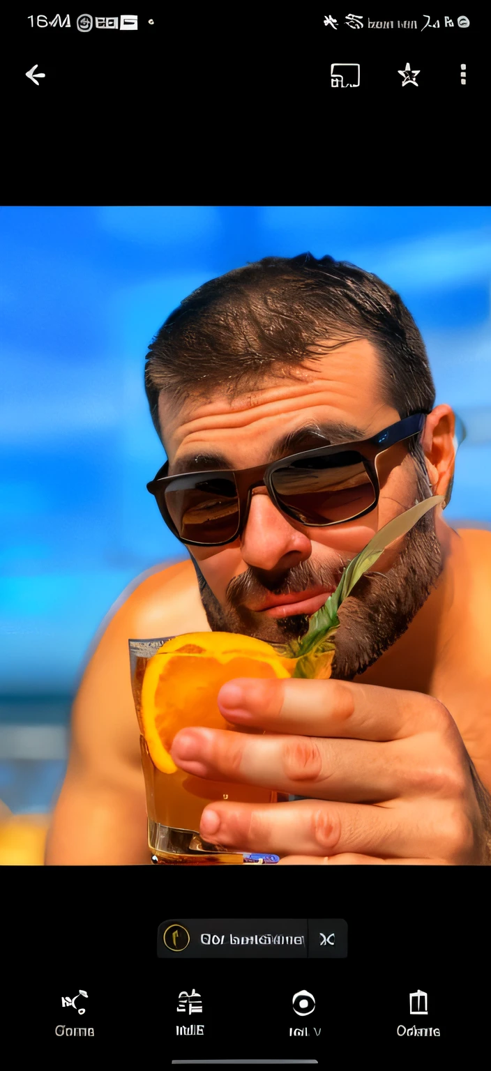 there is a man with a beard and sunglasses holding a drink, drinking cocktail, wearing orange sunglasses, with a drink, profile picture, profile image, profile picture 1024px, profile pic, photo portrait, by Jan Rustem, holding a drink, erol otus, man in his 30s, maxim sukharev, man drinking beer