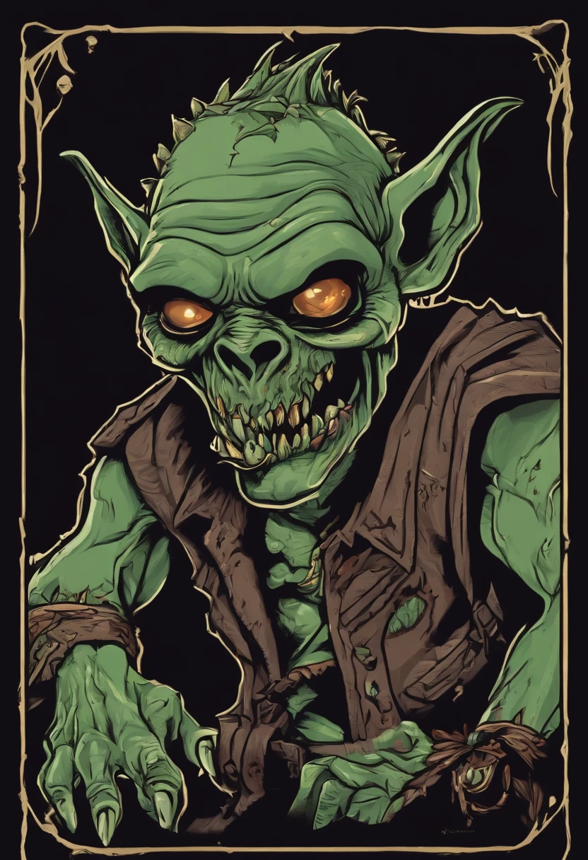 /imagine prompt: zombie goblin illustration for a sticker with a black background, in bold outline style, jagged edges, trashcore, light shading --v 5.2