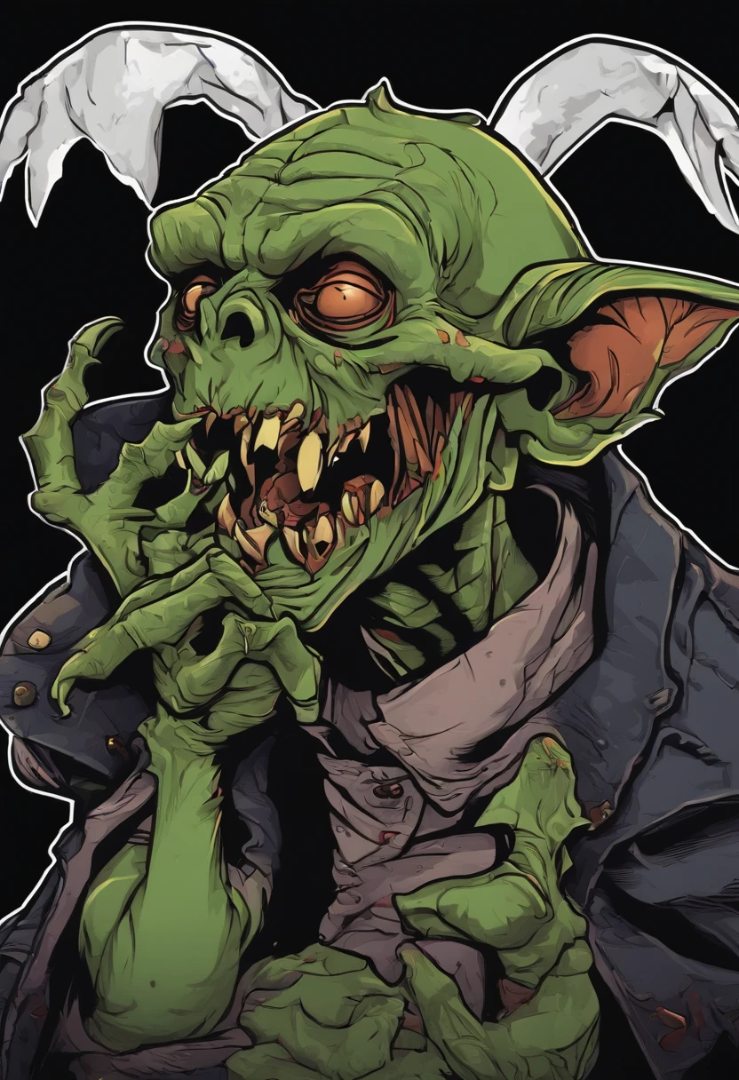 /imagine prompt: zombie goblin illustration for a sticker with a black background, in bold outline style, jagged edges, trashcore, light shading --v 5.2