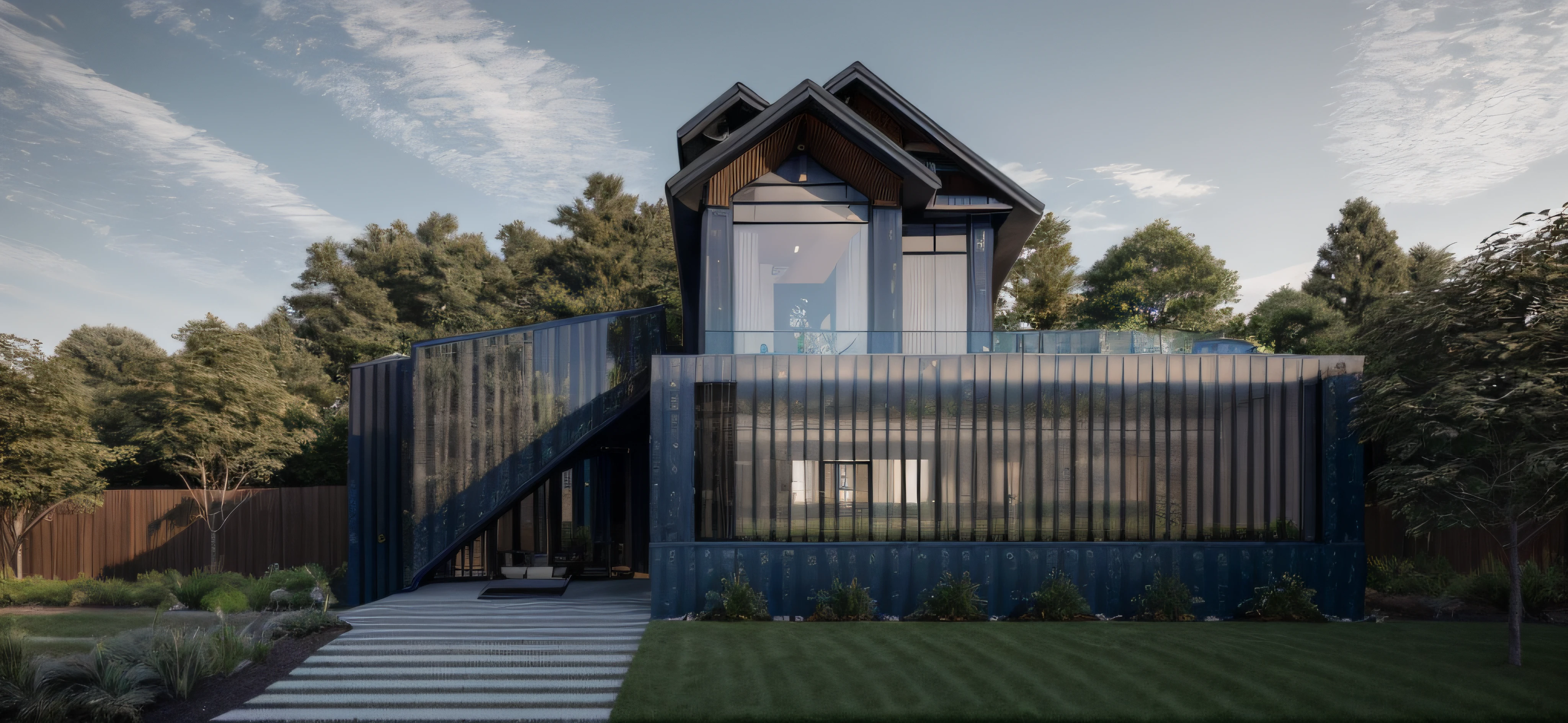 RAW photo, Masterpiece, high quality, 4k, best quality, authentic, super detail,
exterior, Landscape Architecture, ailing glass the style of dark blue and bronze,bold black outlines, clean lin,modernism,Realistic reflexes,realistic light, beautiful summer sky, trees, grass, village house