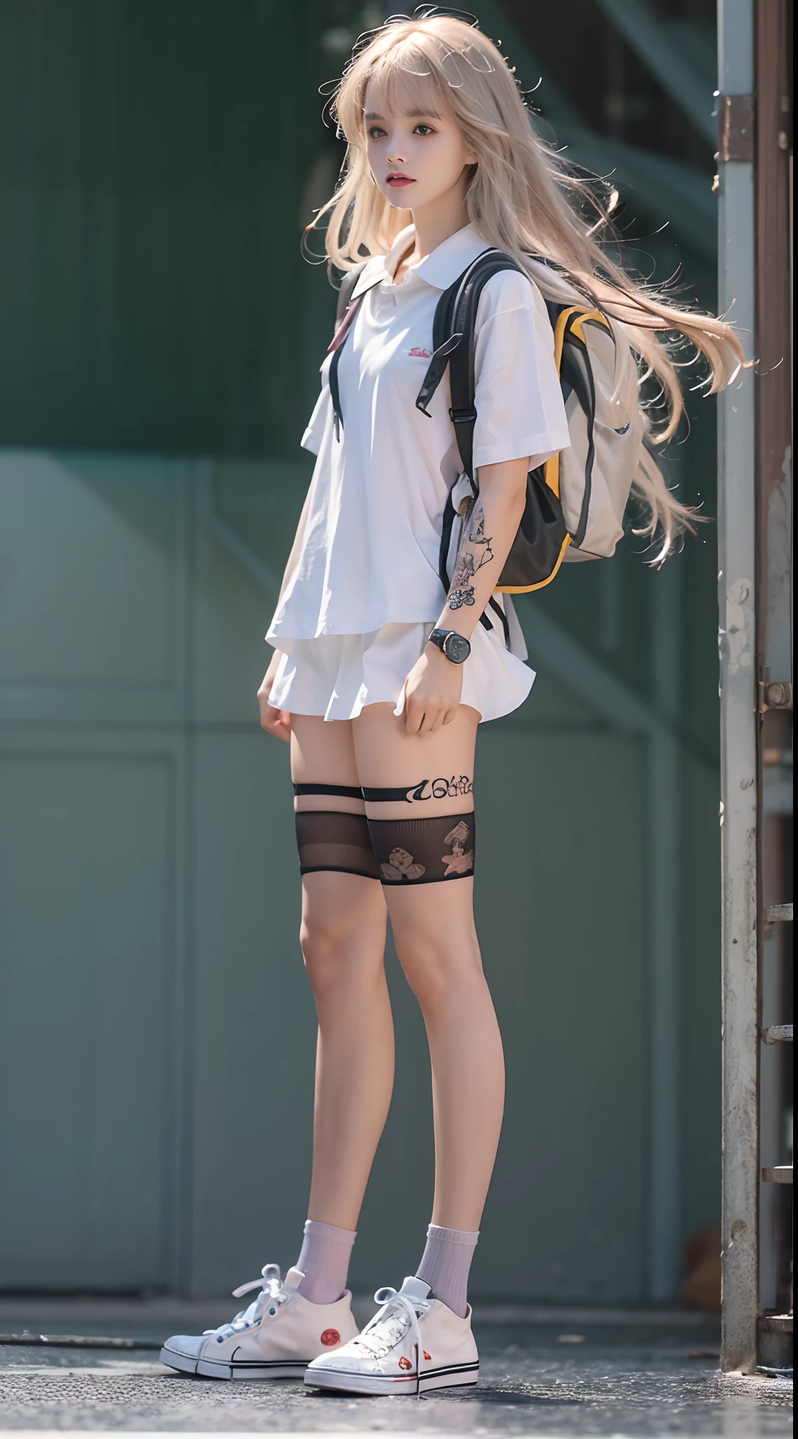 (stand posture,full bodyesbian:1.5),(1girll:1.3),(anatomy correct:1.4),(JK short school uniform:1.2),(White high socks:1.3),(with tattoos:1.2),(wavy and long hair:1.1),(Accurate and delicate face:1.2),(Accurate and perfect legs:1.3),(Slender and slender figure,Skinny,skinny:1.2),(Smaller bust:1.3),(Converse shoes:1.2),(bookbag:1.1),Brownish-yellow goo on the legs,hyper HD, Ray traching, reflective light,structurally correct, Award-Awarded, High detail, Fade-in and fade-out shadow contrast, Face lighting,Cinematic lighting, Masterpiece, super detailing, High quality, High detail, Best quality, 16k,High contrast