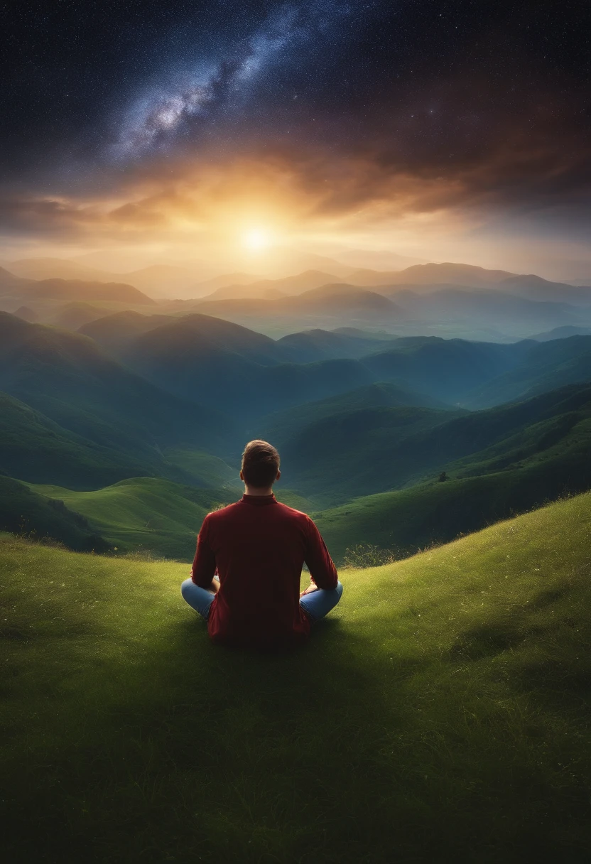 A person in prayer and in tune with God on the grass crying out for victory against depression and with the sky full of galaxies 4k and realistic image