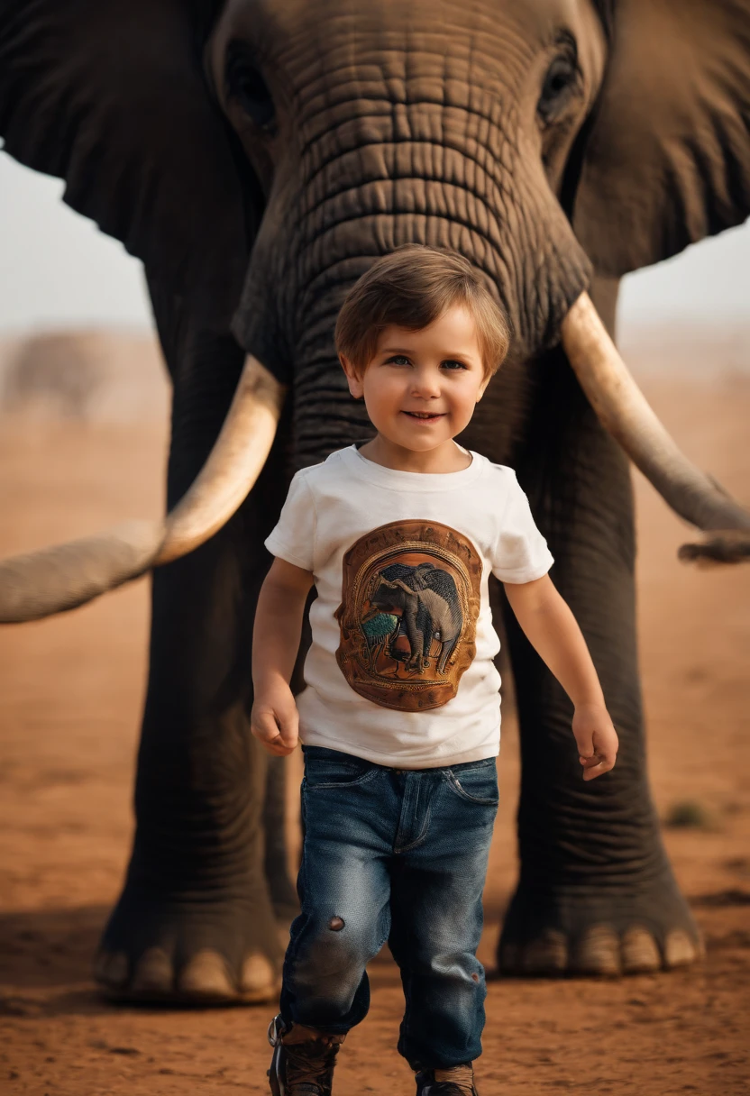 mad max background, beautiful 4 year old boy, dimples on his cheeks, brown hair, brown eyes, rounded face, t-shirt with an African elephant printed on it, jeans and black sneakers