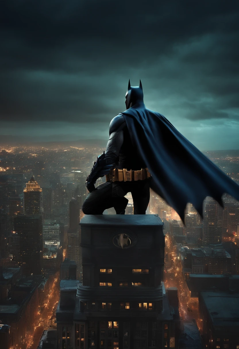 A cinematic photograph capturing the iconic silhouette of Batman perched atop a Gotham City rooftop, inspired by the dark and atmospheric style of Christopher Nolan's Batman films. Moody lighting, brooding shadows, billowing cape, stoic pose, vigilant gaze, urban skyline, gritty textures, monochromatic palette, dramatic angles, intense atmosphere, mysterious ambiance, symbolic presence, masked identity, urban legend, timeless heroism, dynamic composition, gritty realism.