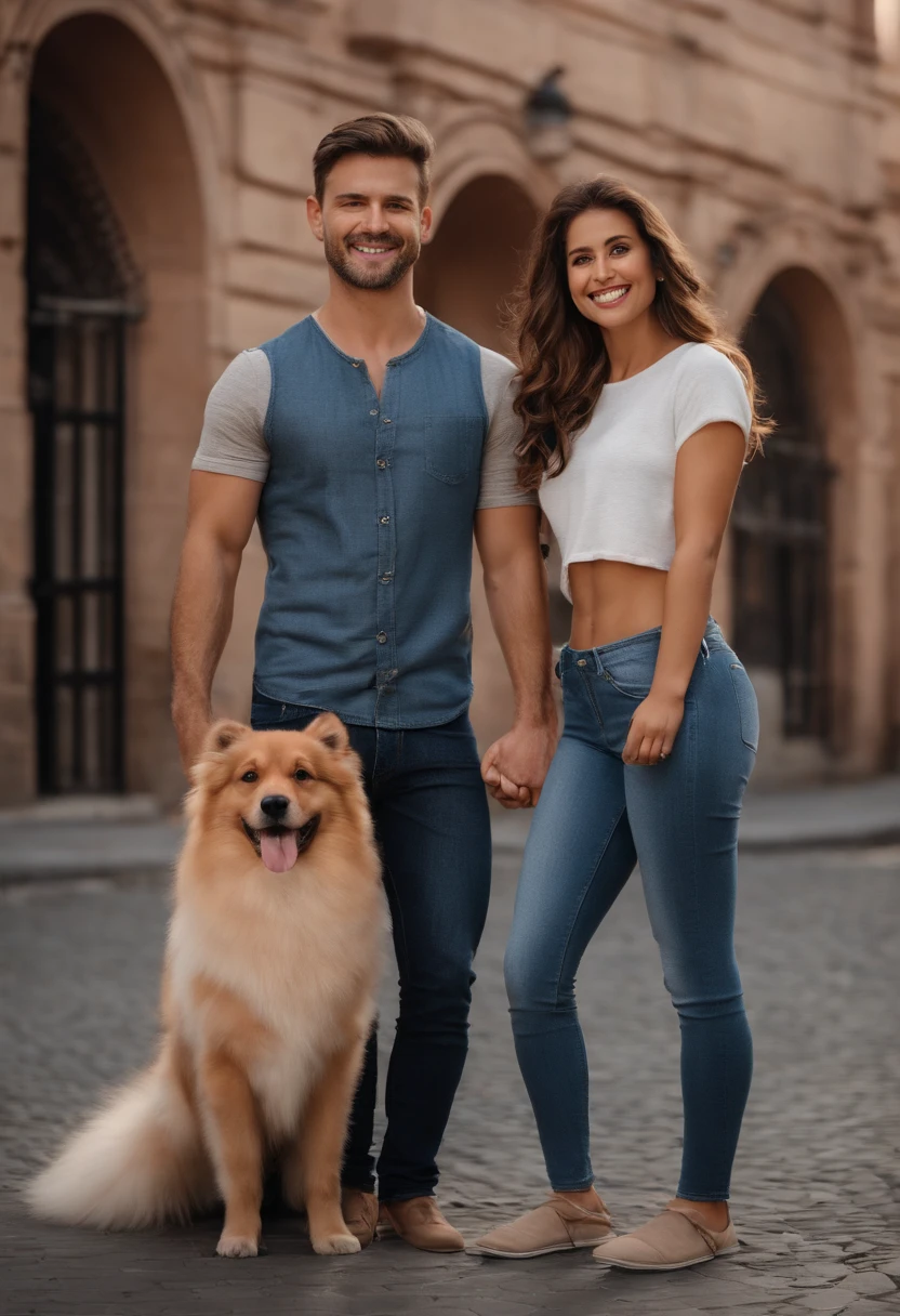 Pixar. Couple with a german spitz puppy bbegw. A menina tem os cabelos castanhos amarrados, Camiseta rosa e jeans claro, without glasses. O menino de cabelos castanhos, barba pequena, oculos, Dark blue jeans and gray t-shirt, is muscular. They are both smiling and are 30 years old.