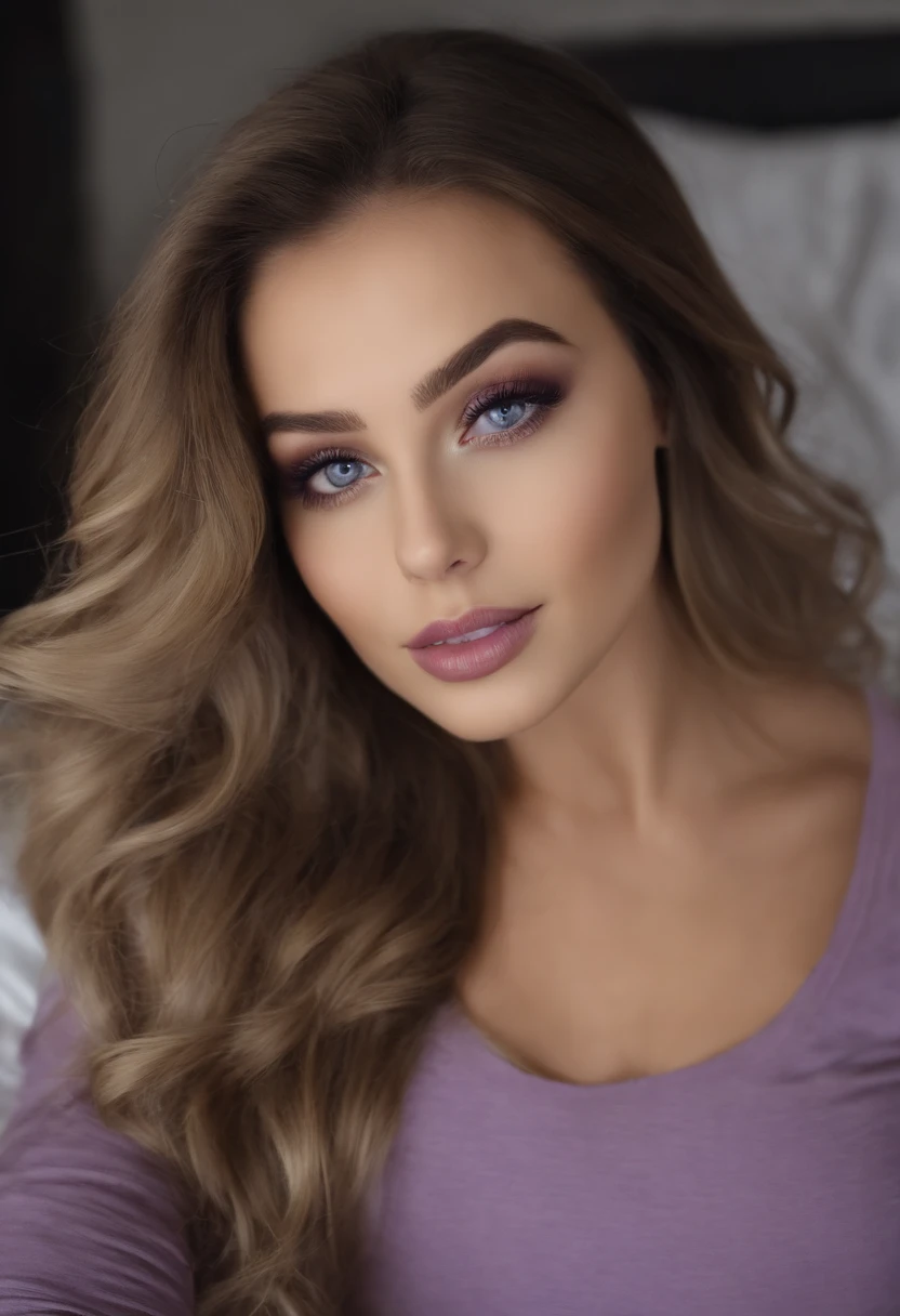 Femme Arafed complètement , fille sexy aux yeux bruns, ultra réaliste, Méticuleusement détaillé, Portrait Sophie Mudd, cheveux bruns et grands yeux, Selfie d’une jeune femme, Yeux de chambre, Violet Myers, sans maquillage, maquillage naturel, Regarder directement la caméra, Visage avec Artgram, Maquillage subtil, Superbe photo du corps entier agenouillée sur le lit, dans le salon, Buste de taille moyenne à grande