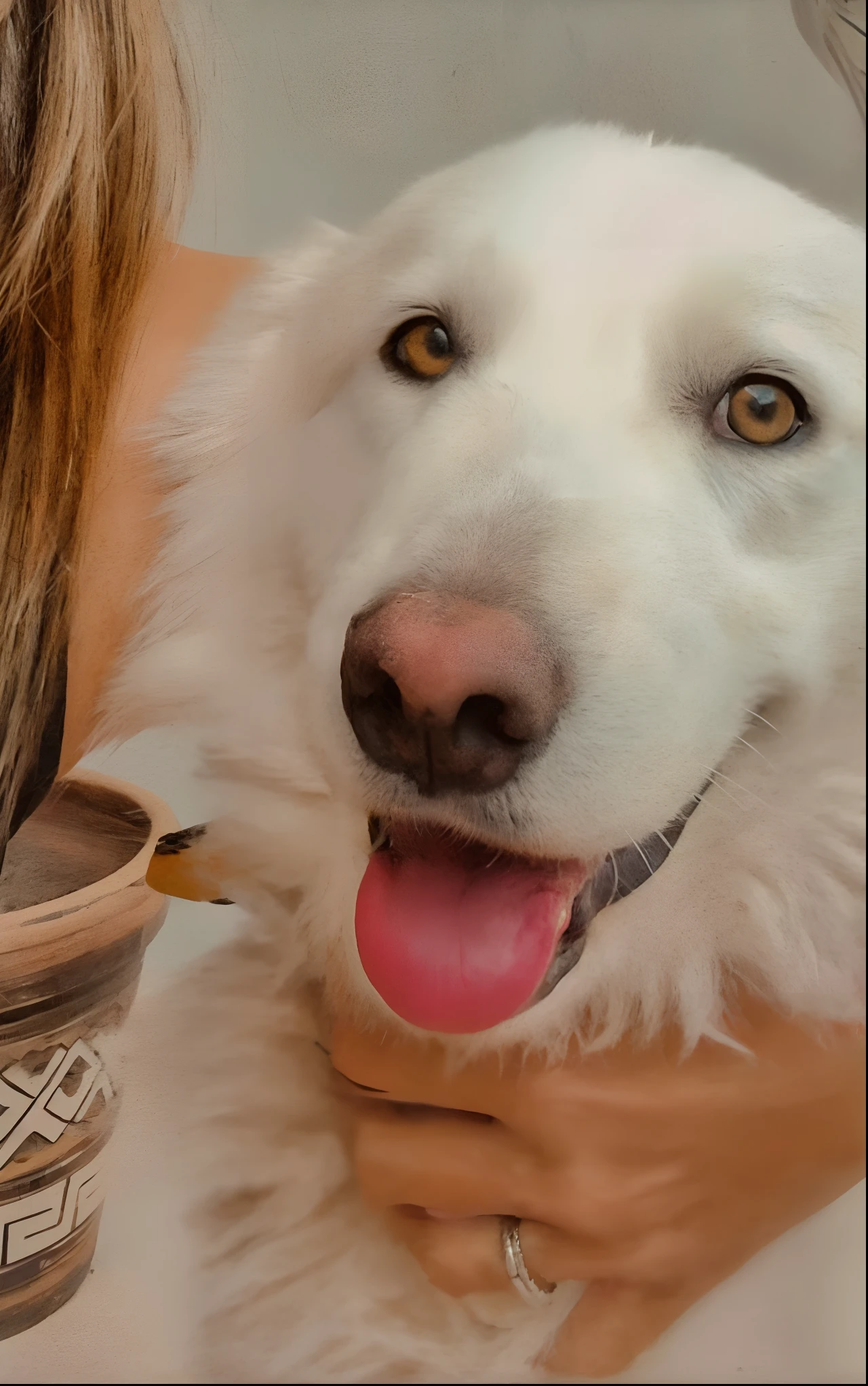 There's a woman holding a white dog and a glass, in a oil painting style, foto altamente detalhada de feliz, qualidade de foto de detalhes extremos, retrato hiper detalhe, ampliado, retrato detalhado, close up foto de retrato, foto de retrato detalhada, painting of cute dog, retrato detalhado close up, retrato close up, Detalhe fotorrealista, tiro de perto do meio