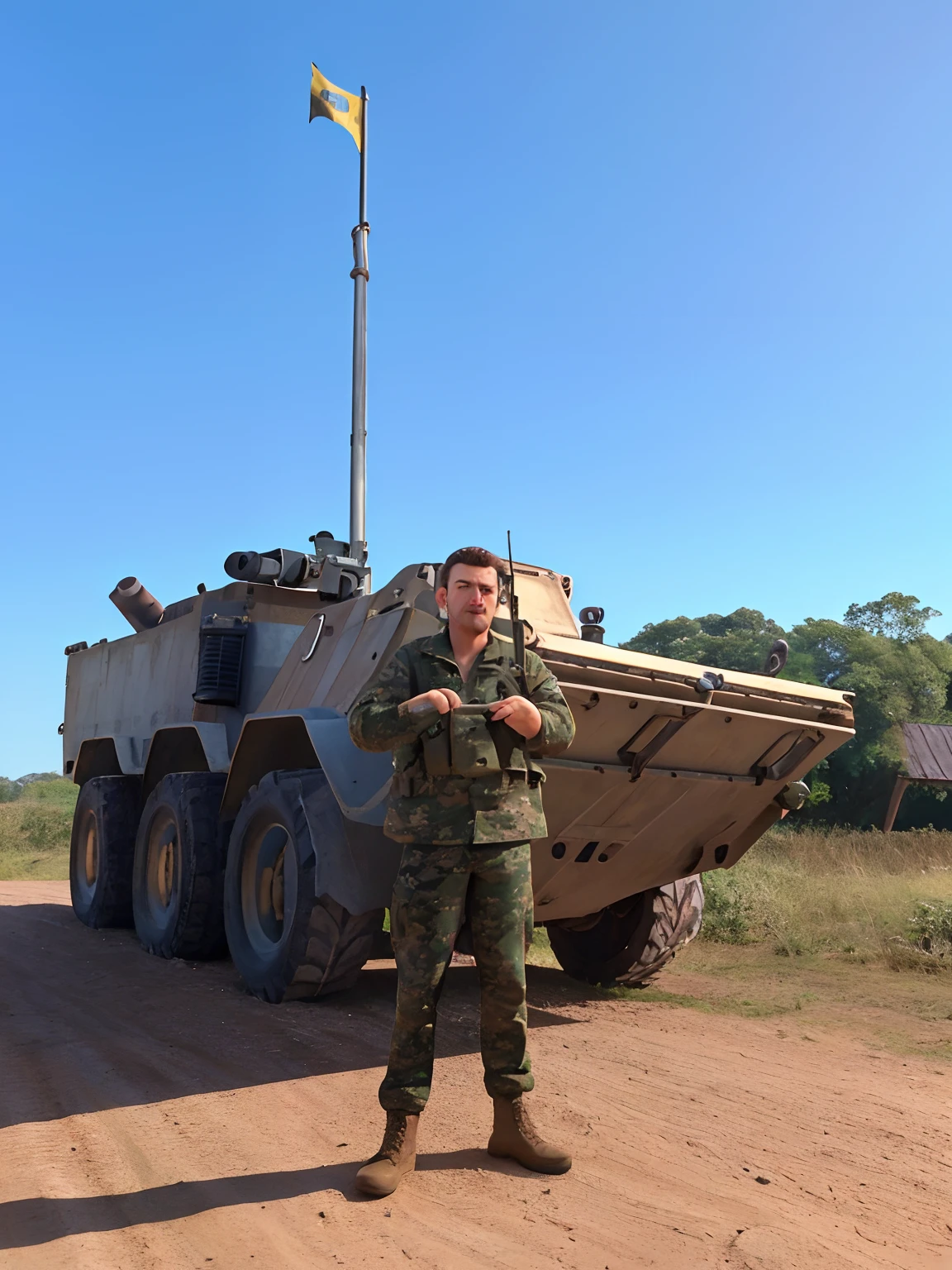 Obra-prima, 8K, foto realista, alta qualidade, cinematografic, corpo inteiro, hiper realista, uma mulher brasileira, morena, olhos azuis brilhantes, Cabelo loiro, de capacete, of the Brazilian Army, armada com fuzil ar15, in front of a tank, ferida com um tiro no ombro de fuzil, in a city of ukraine me